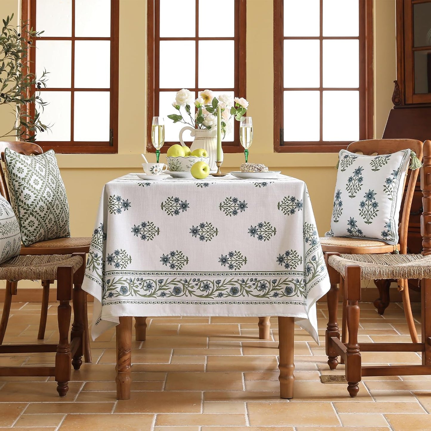 ISAENNE Designer White Linen Small Rectangular Tablecloth,Chinoiserie Floral Elegant Indoor Table Cloth,Fall Stain Proof Decor Tablecloths for Dining Thanksgiving Kitchen,55"*71"-Mosella F