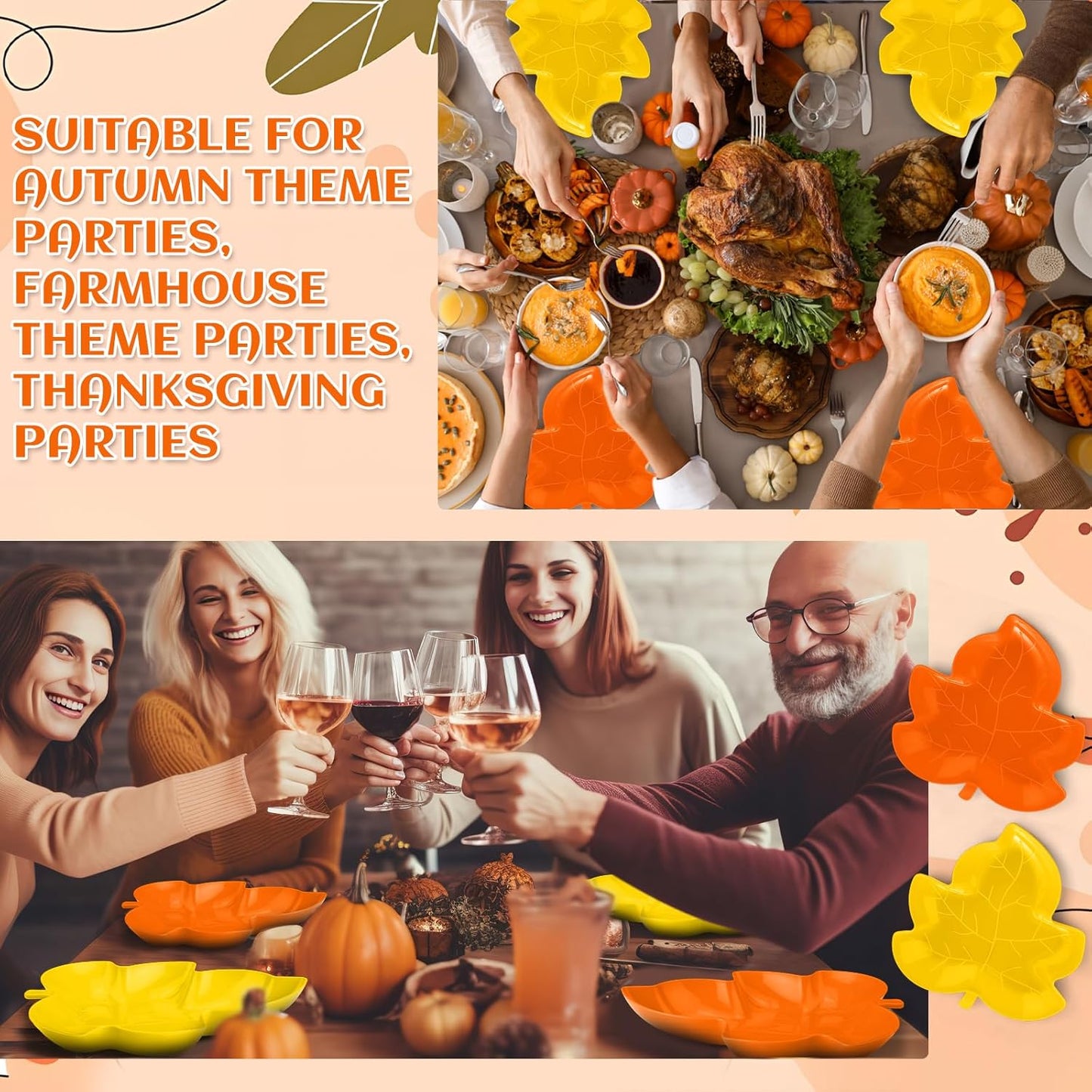 Honeydak 24 Pcs Thanksgiving Plates Fall Snack Dessert Dishes Thanksgiving Maple Leaves Shape Plates Yellow Orange Dishes Candy Fruit Plastic Bowls for Autumn Harvest Party Supplies