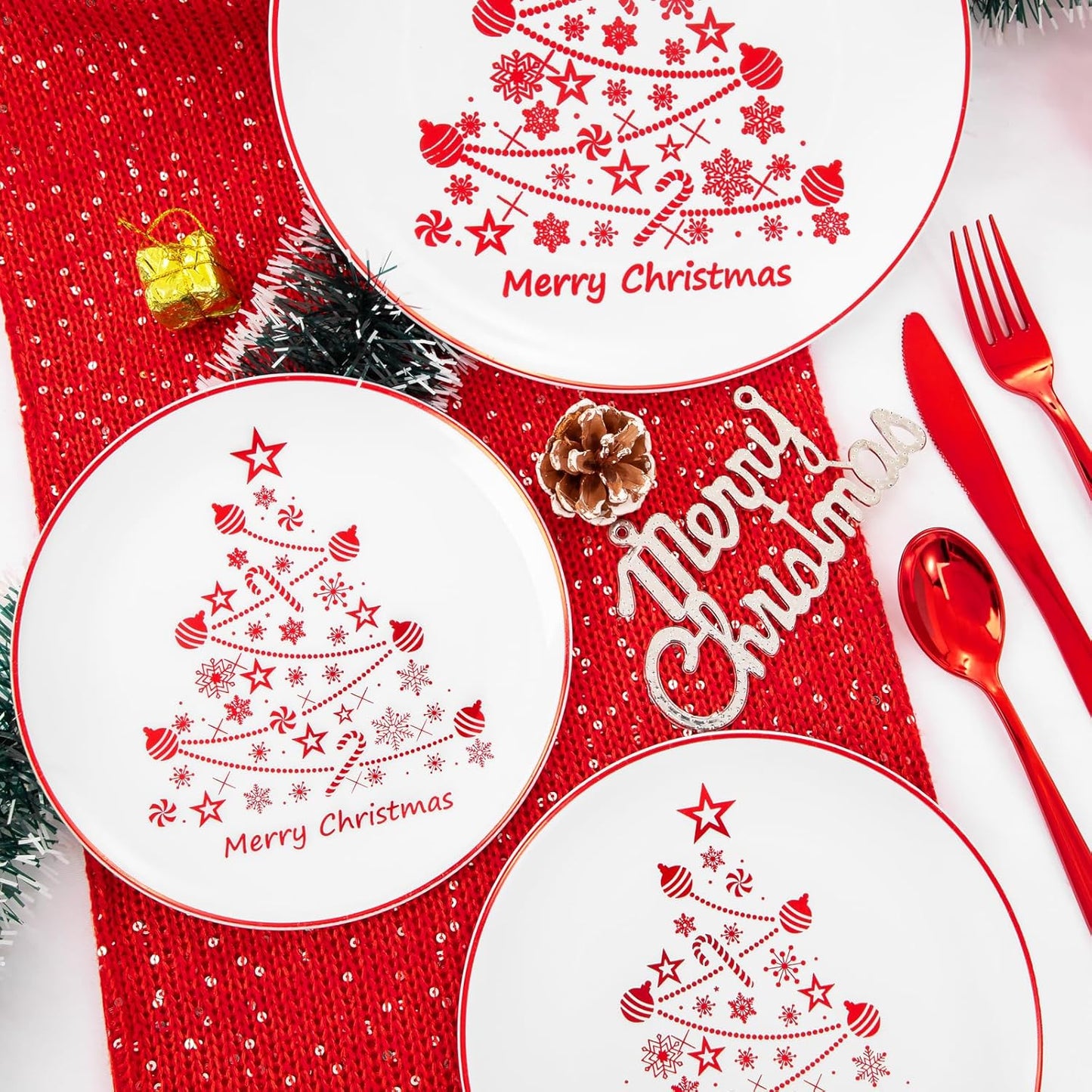 Supernal 150pcs Christmas Plastic Dinnerware Include Red Plastic Plates, Disposalbe Cups,Christmas Party Supplies,Red Plastic Silverware for Christmas Party and New Year