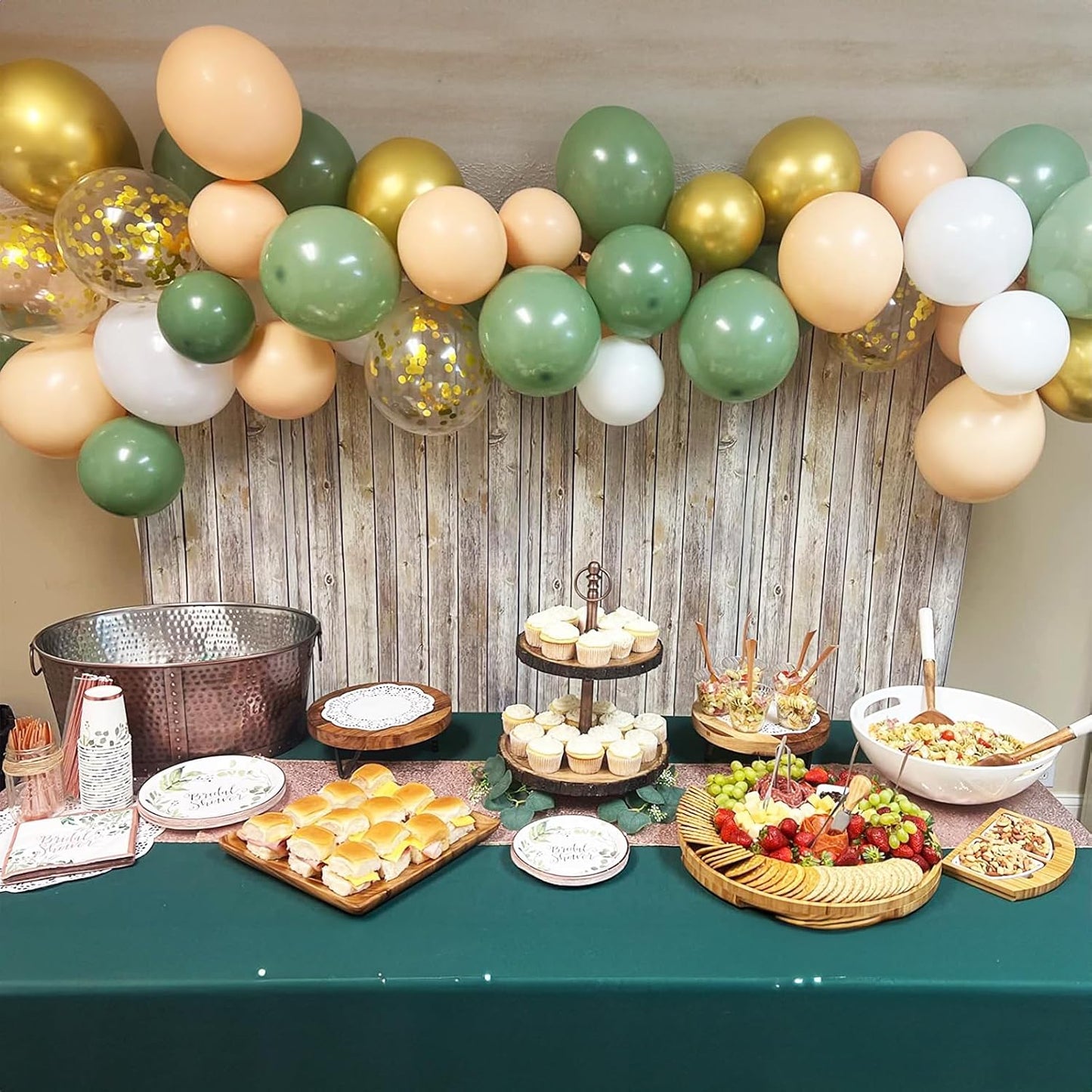 Sage Green Gold Balloons, 12 Inch 60 Pcs Metallic Olive Green White Gold Confetti Balloons Retro Green Balloons for Jungle Safari Birthday Camp Bachelorette Decorations