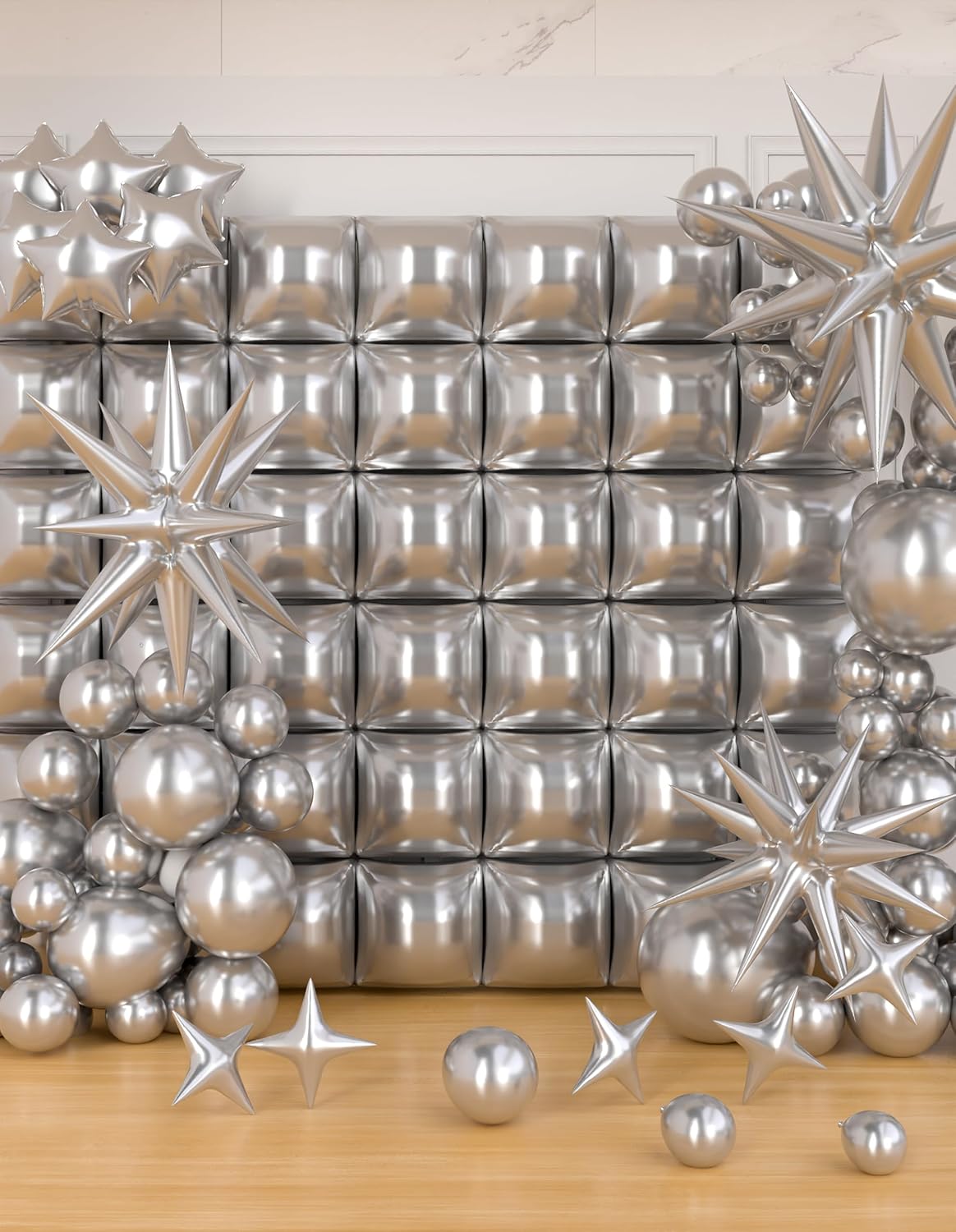 87pcs Silver Balloon Garland Arch Kit - 50pcs Square Foil Balloons Wall Backdrop for Birthday Party Anniversary Disco Graduation Prom Party Decorations