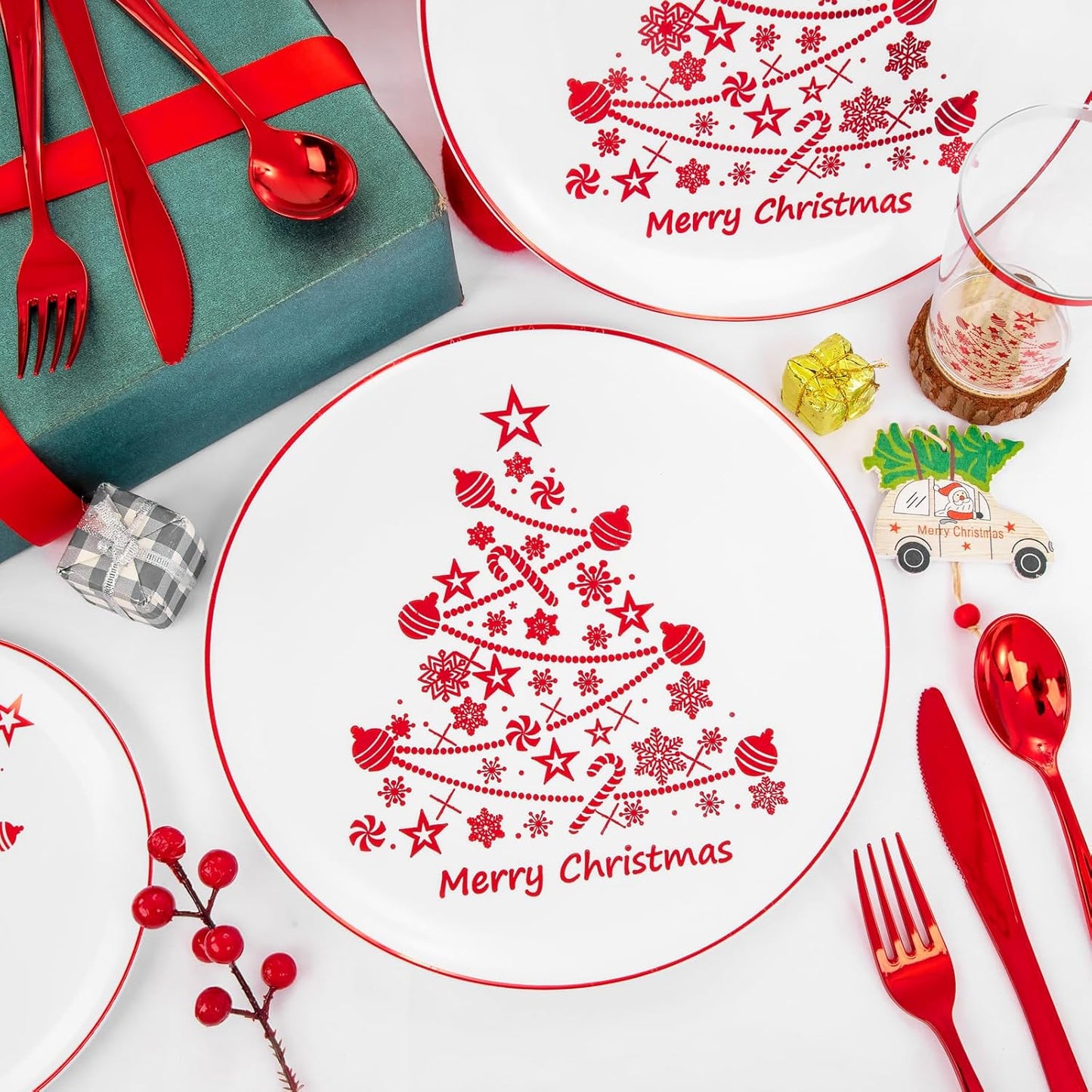 Supernal 150pcs Christmas Plastic Dinnerware Include Red Plastic Plates, Disposalbe Cups,Christmas Party Supplies,Red Plastic Silverware for Christmas Party and New Year