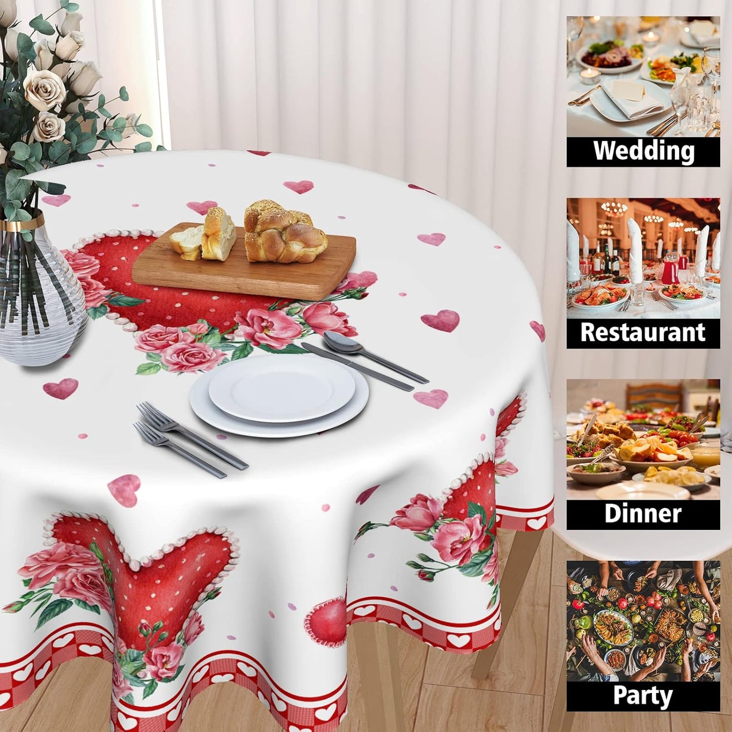 Giwawa Valentines Day Round Tablecloth 60 Inch, Red Pink Hearts Rose Flower Circular Table Cloth with Check Plaid, Love Watercolor Romantic Table Cover for Kitchen Dining Anniversary Decor