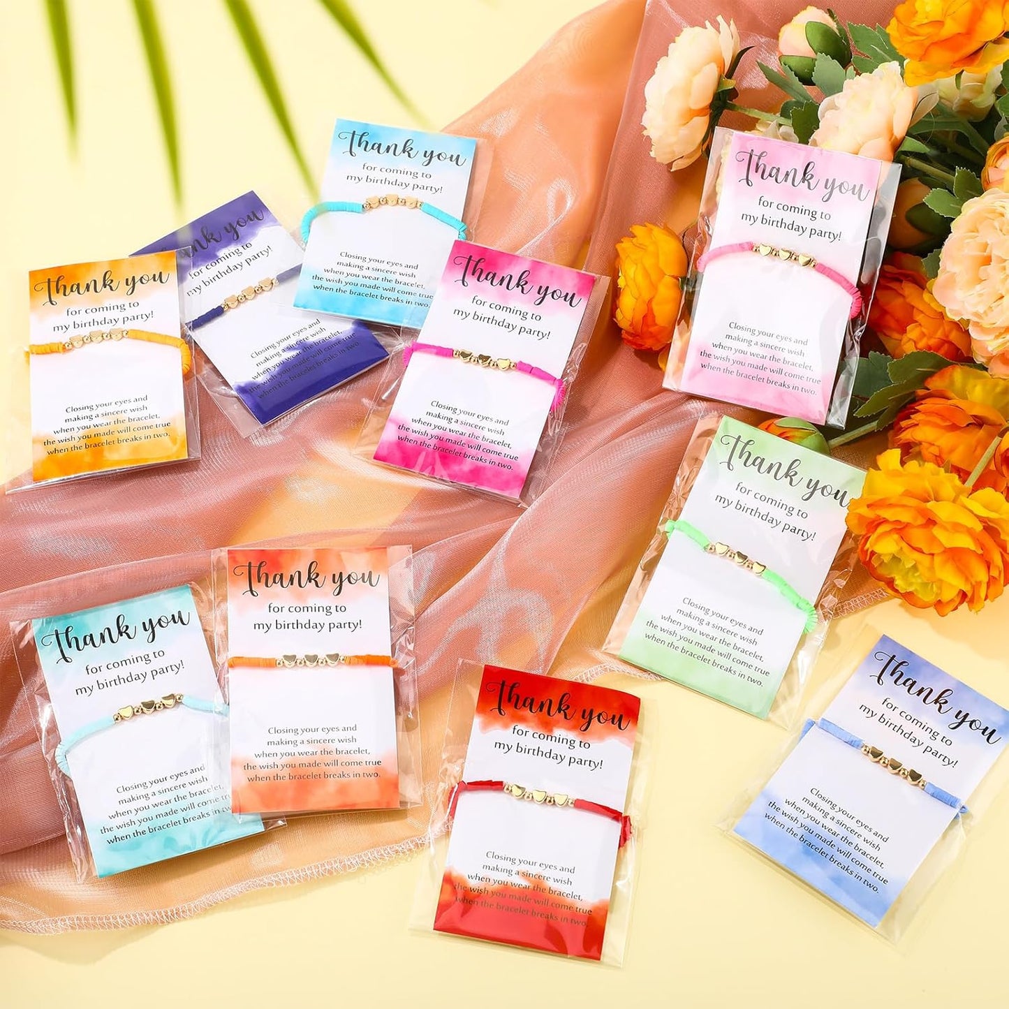 Birthday Party Favor Bracelets Beaded Rainbow Clay Heart Bracelet with Thank You Wish Gift Card for Kids Girls Birthday Party Supplies Bags Suffer with Different Themes