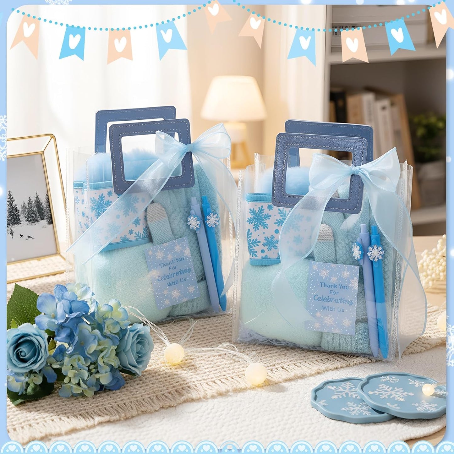 Shihanee 6 Sets Baby Shower Prizes for Game Wedding Bridal Shower Winners Favors Include Beanie Hat Touch Screen Gloves Fuzzy Socks Plush Sleep Eye Mask Cup Sleeves Ballpoint Pen Card Gift Bags (Blue)