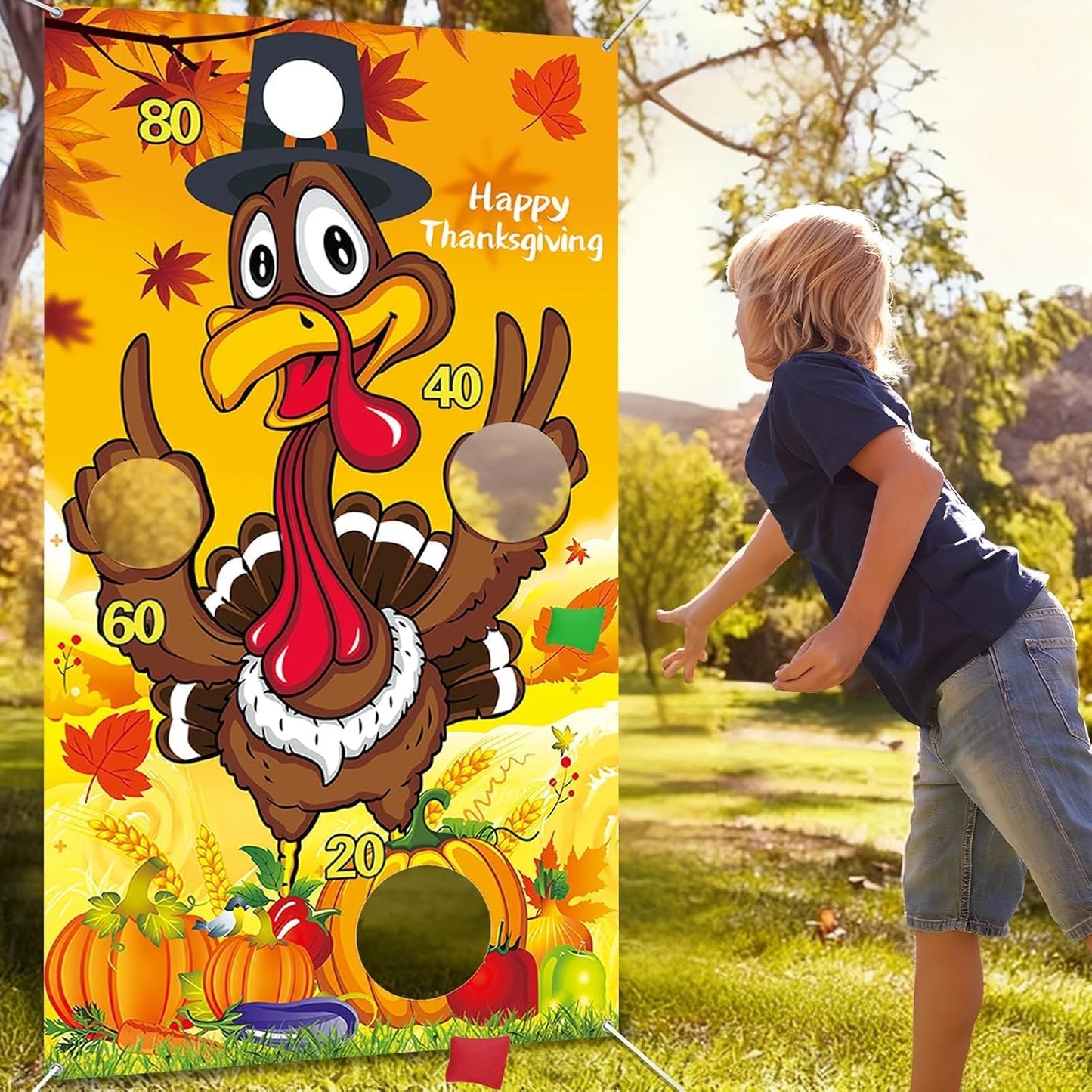 Upgraded, Fall Festival Games, Funny Turkey Toss Game, with 4 Bean Bags, Classic Design, Premium Banner, Accessories, Storage Bag, Thanksgiving Games for Kids Teen, Friendsgiving Party Decorations