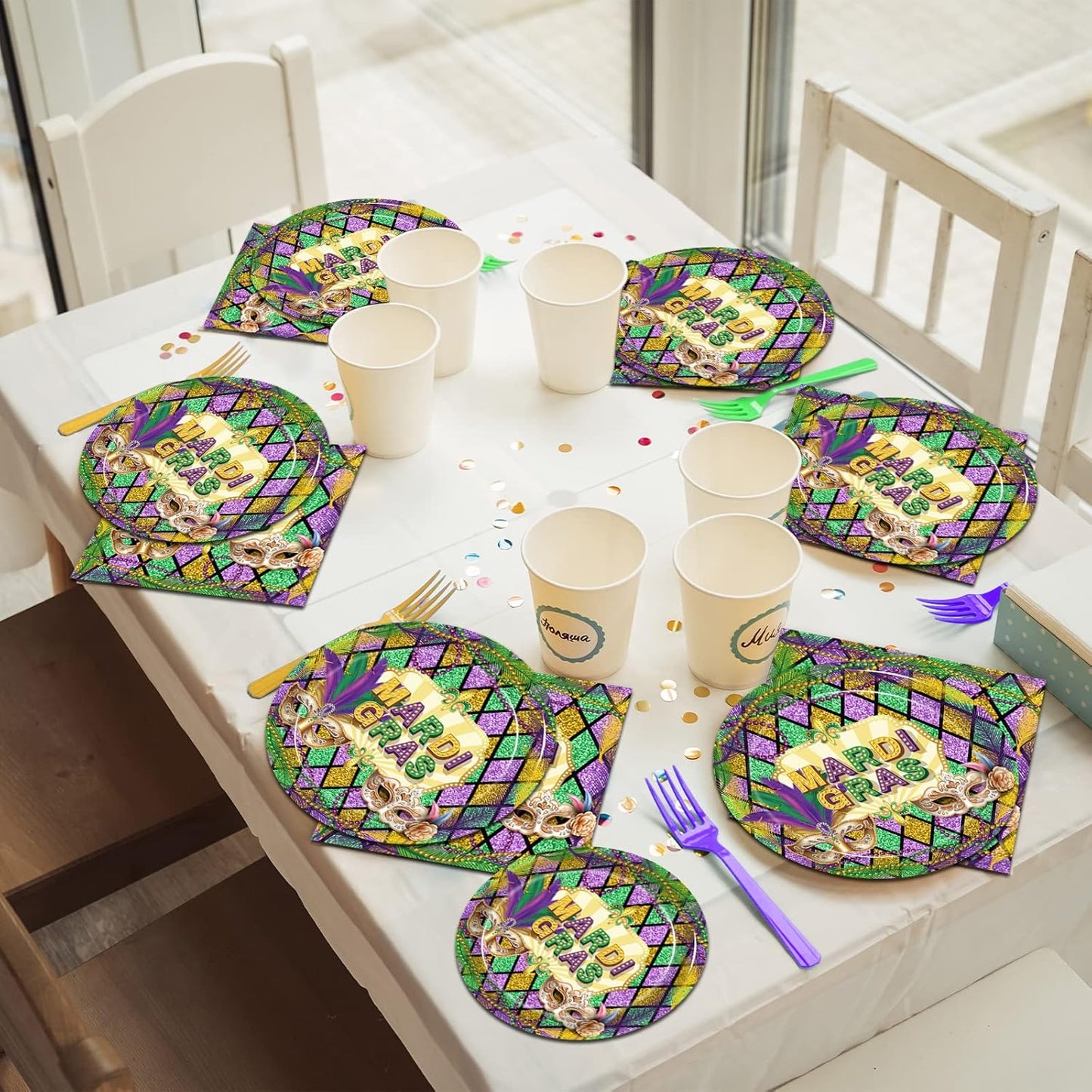 96 Pcs Mardi Gras Party Supplies Masquerade Mask Paper Plates Napkins Set Disposable Dinnerware Tableware for New Orleans Party, Serves 24