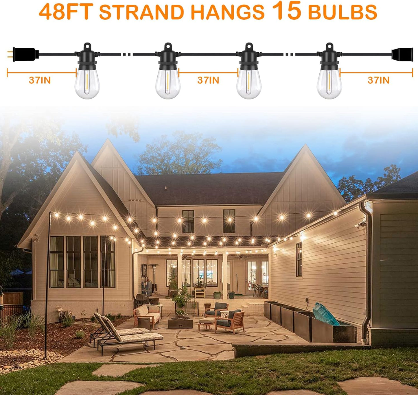 DGE Outdoor LED String Lights 48FT Patio Shatterproof & Waterproof IP65, 18 AWG UL Listed Wire Bright String Light for Patio, Backyard, Gazebo, Porch, Wedding Party
