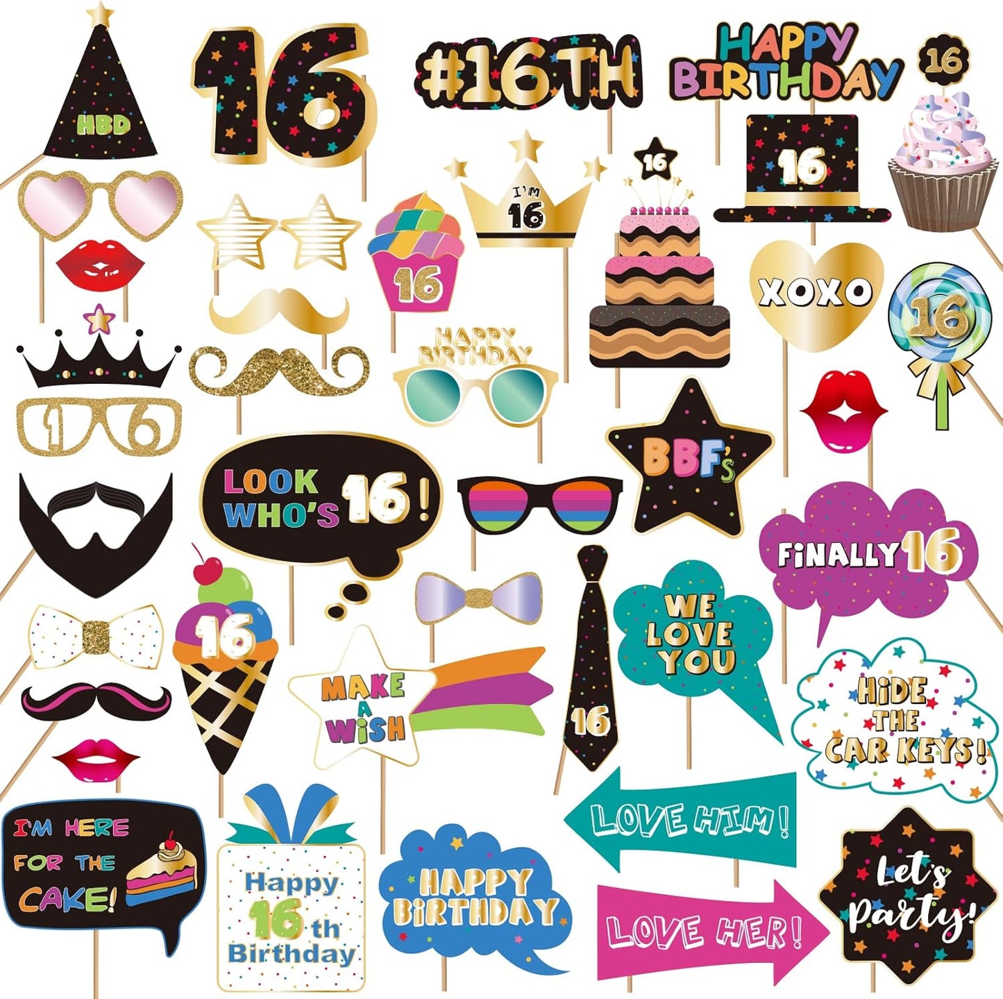 BRT Bearingshui Sweet 16 Photo Booth Props Accessories, Birthday Party Decoration, 40pcs Cardstock Photo Booth Props Kit with Sticks & Adhesive Pads