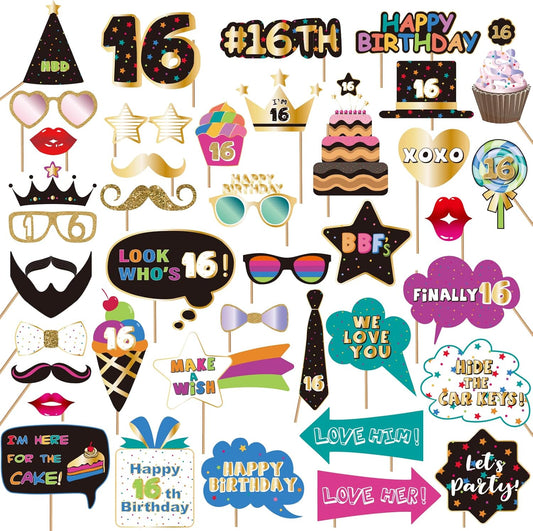 BRT Bearingshui Sweet 16 Photo Booth Props Accessories, Birthday Party Decoration, 40pcs Cardstock Photo Booth Props Kit with Sticks & Adhesive Pads