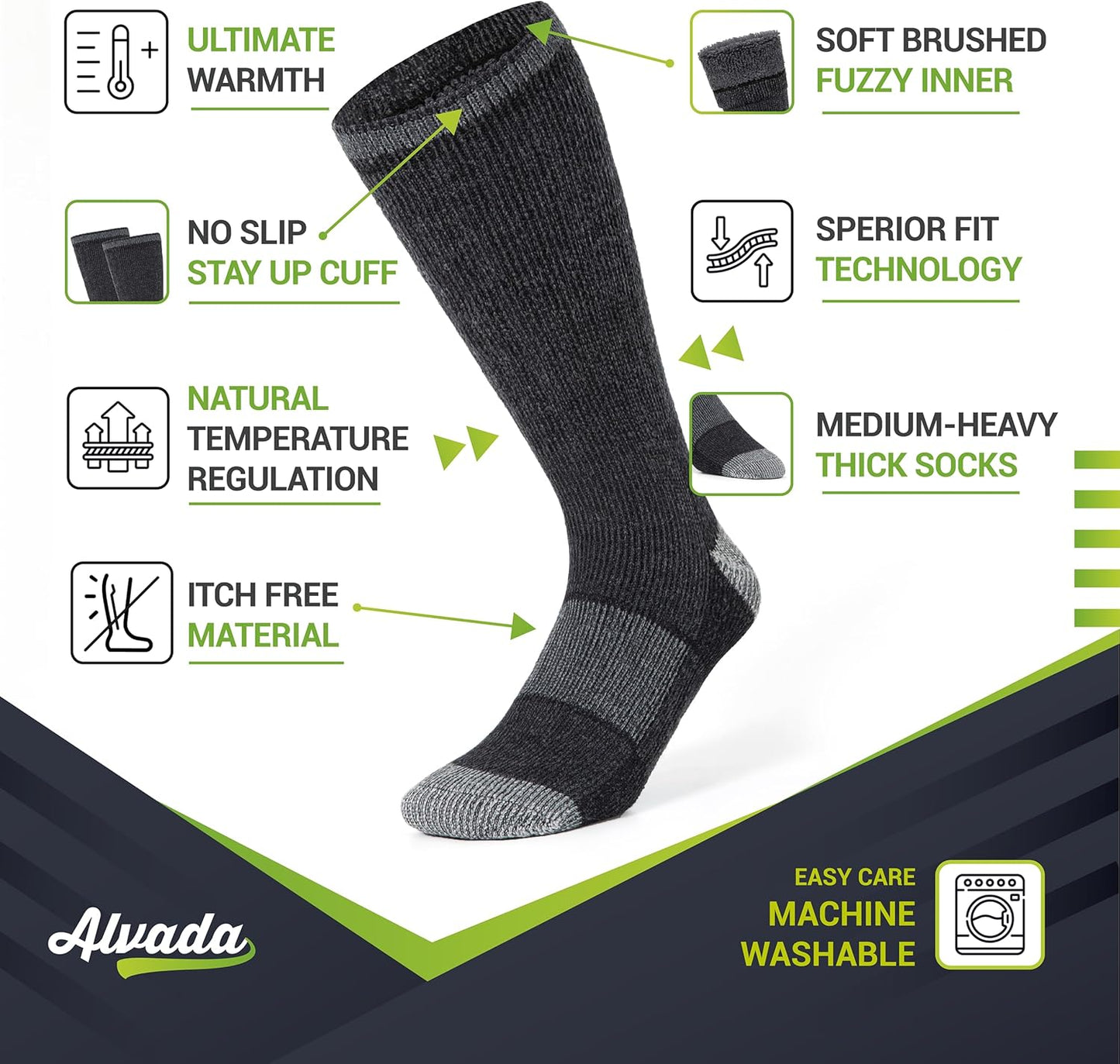 Alvada Warm Thermal Wool Socks for Winter Moisture Wicking and Breathable Cozy Boot Socks