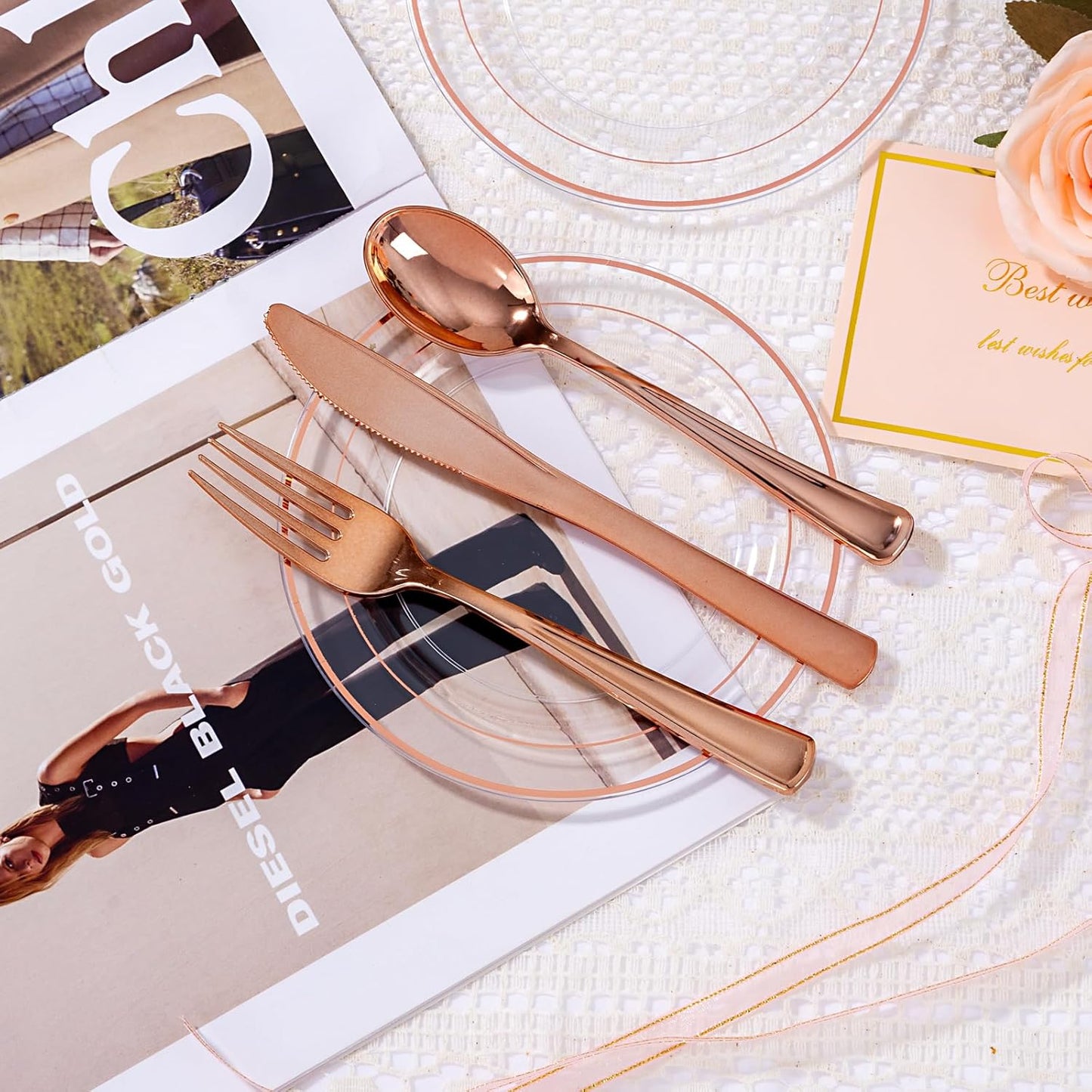 bUCLA 100PCS Clear Rose Gold Plastic Plates Disposable - Heavy Duty 6.25 Inch Clear Plastic Dessert Plates with Rose Gold Trim - Ideal for Party, Wedding & Mother’s Day