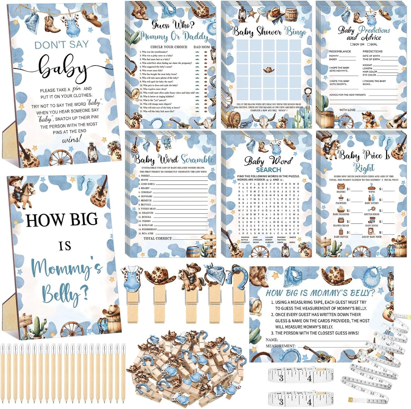 426 Pcs Cowboy Baby Shower Games Set-8 Games, Includes Baby Shower Bingo, Price is Right, Guess Who, Word Scramble, Prediction and Advice, How Big is Mommy's Belly, Don't Say The Words