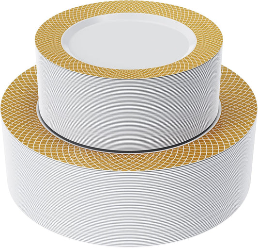 FOCUSLINE Gold Plastic Plates Set of 102, Disposable Plates with Gold Grid Rim 51 Dinner Plates 10" and 51 Salad Dessert Appetizer Plate 7", Elegant Fancy Heavy Duty Wedding Party Plate