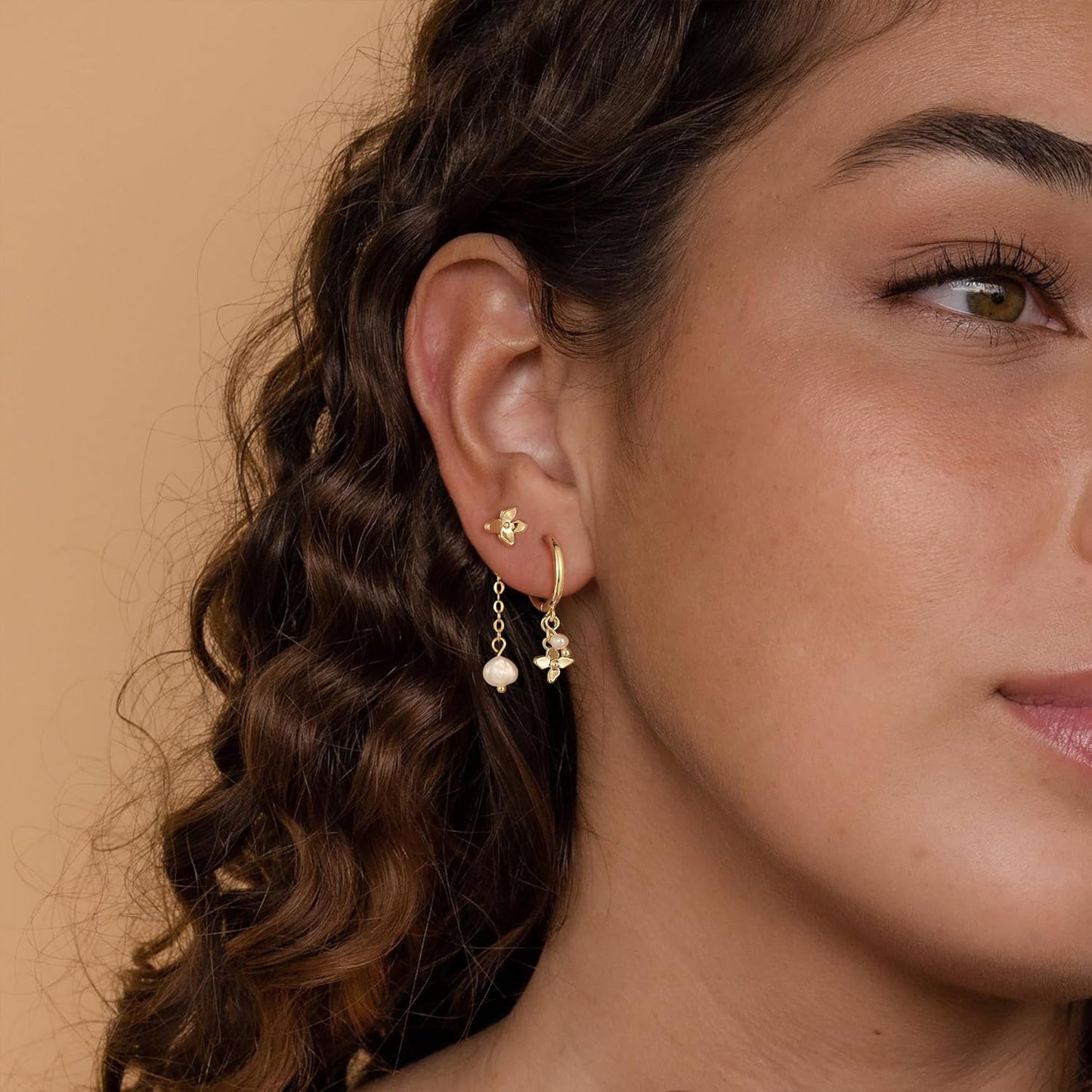 Moodear Gold Earrings for Women No Tarnish - Trendy 14K Gold Plated Pearl Hoop Studs Chain Earrings Stacks for Women Wedding Jewelry Gift