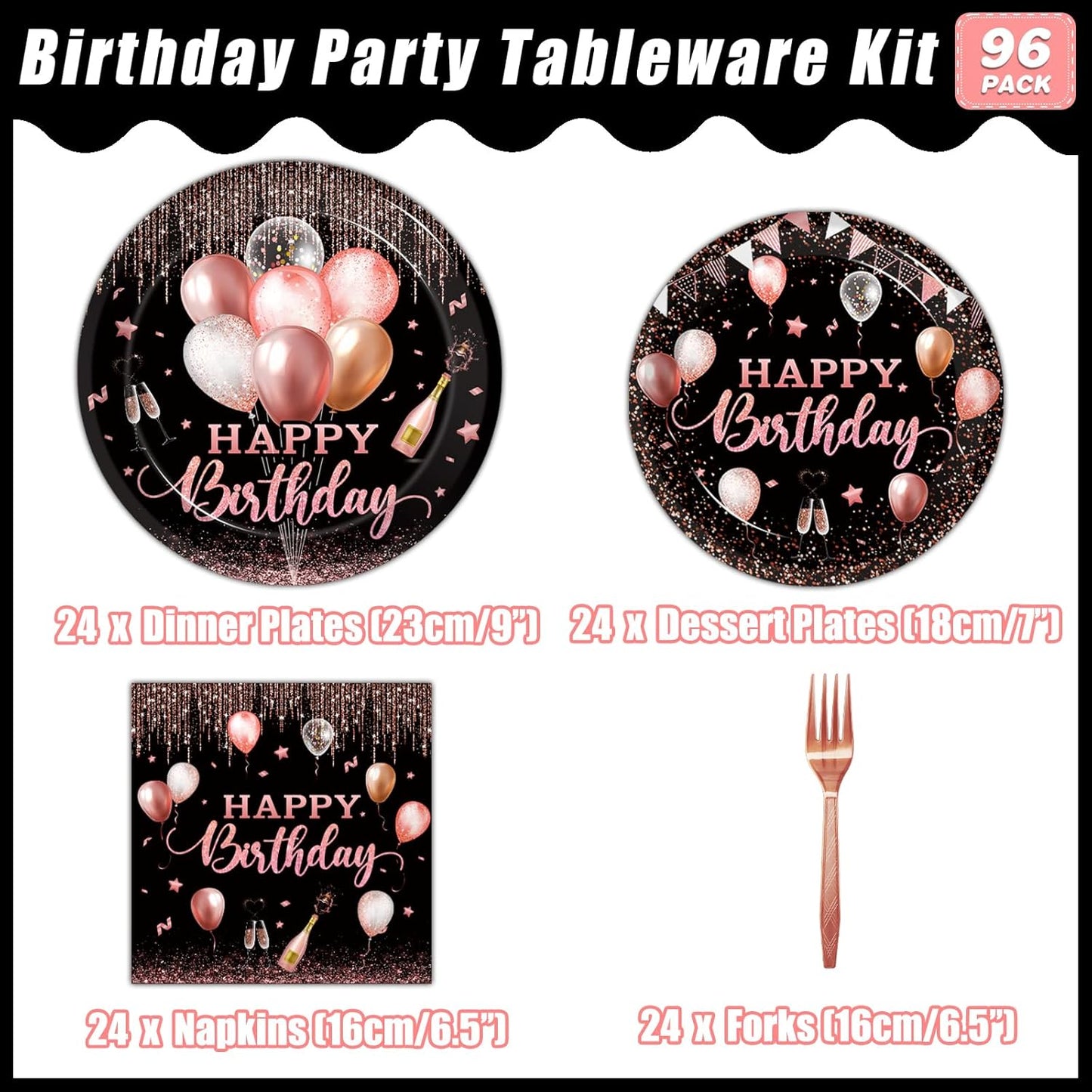 96 Pcs Rose Gold Birthday Plates and Napkins Party Supplies for Women Paper Pink Girls Glitter Happy Birthday Party Disposable Tableware Set Decorations Favors, Serves 24
