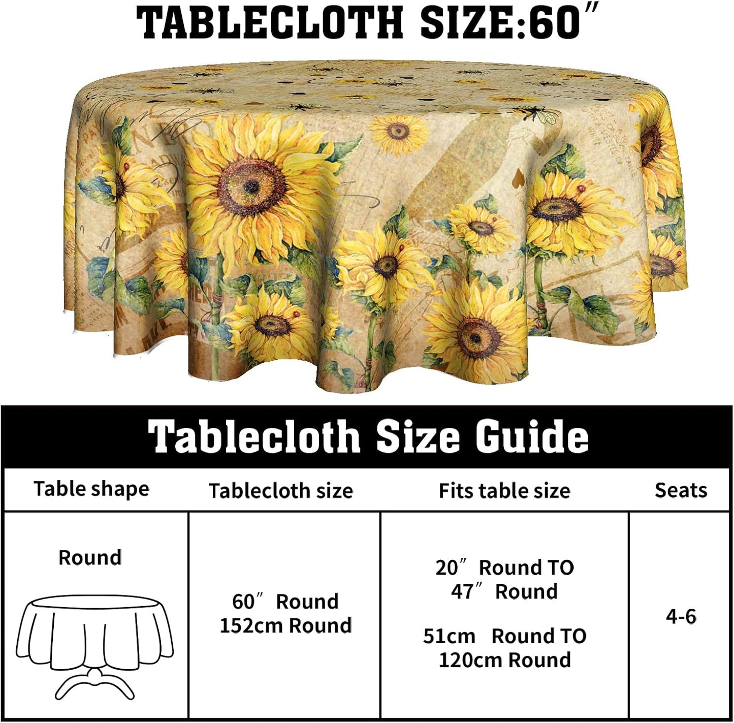 Giwawa Sunflower Bee Round Tablecloth 60inch Yellow Flower Vintage Floral Style Circle Table Cover Wrinkle Free Shabby Chic Cabin Circular Table Cloth Washable for Kitchen Dining Farmhouse Decor