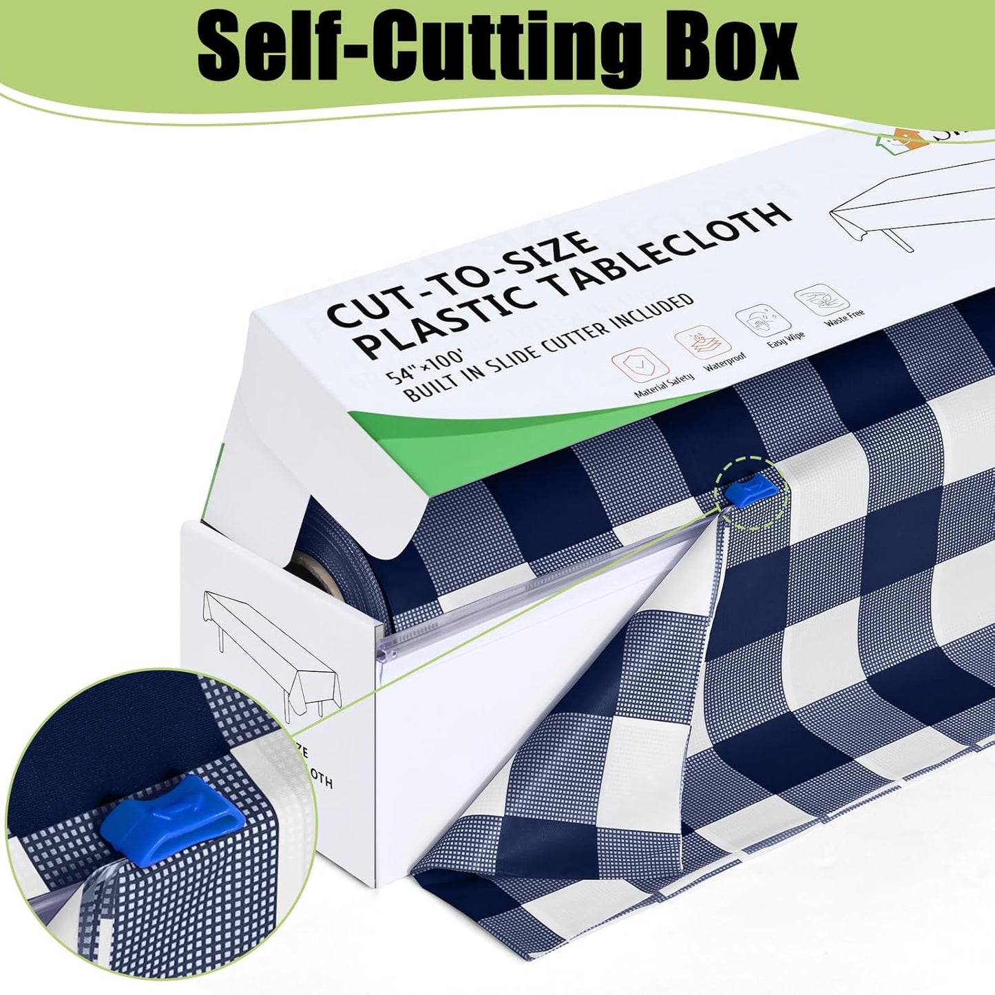 Smiry 54 Inch x 100 Feet Disposable Table Cover Roll, Navy & White Plastic Table Cloth in Cut-to-Size Box with Slide Cutter, Waterproof Rectangle Tablecloths for Weddings, Banquets, Outdoor