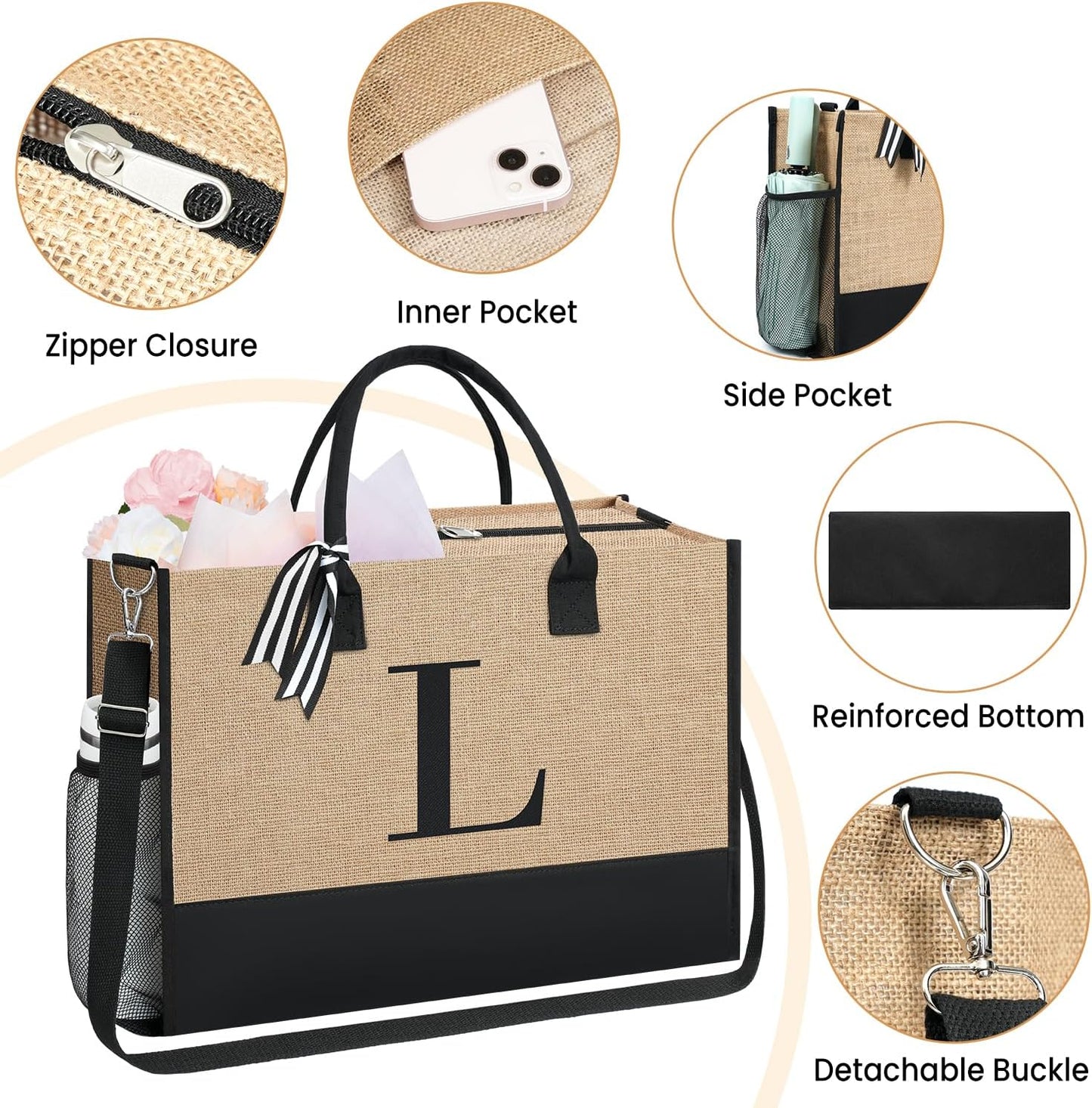 BAGAIL Initial Tote Bag, Personalized Birthday Gifts for Women, Teacher, Friends, Mom, Wedding, Monogrammed Beach Bag