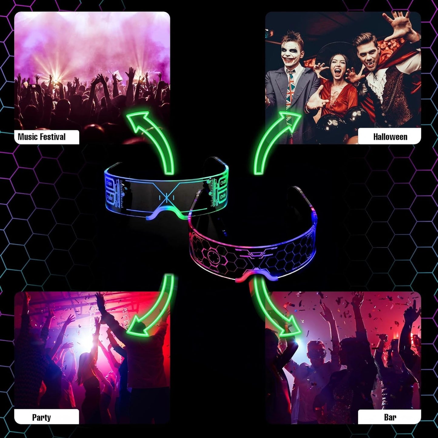 2 Pairs Light Up Glasses For Party LED Glasses For Adults Kids Futuristic Sunglasses Cosplay Costume Glow In Dark Accessories (Concise style)