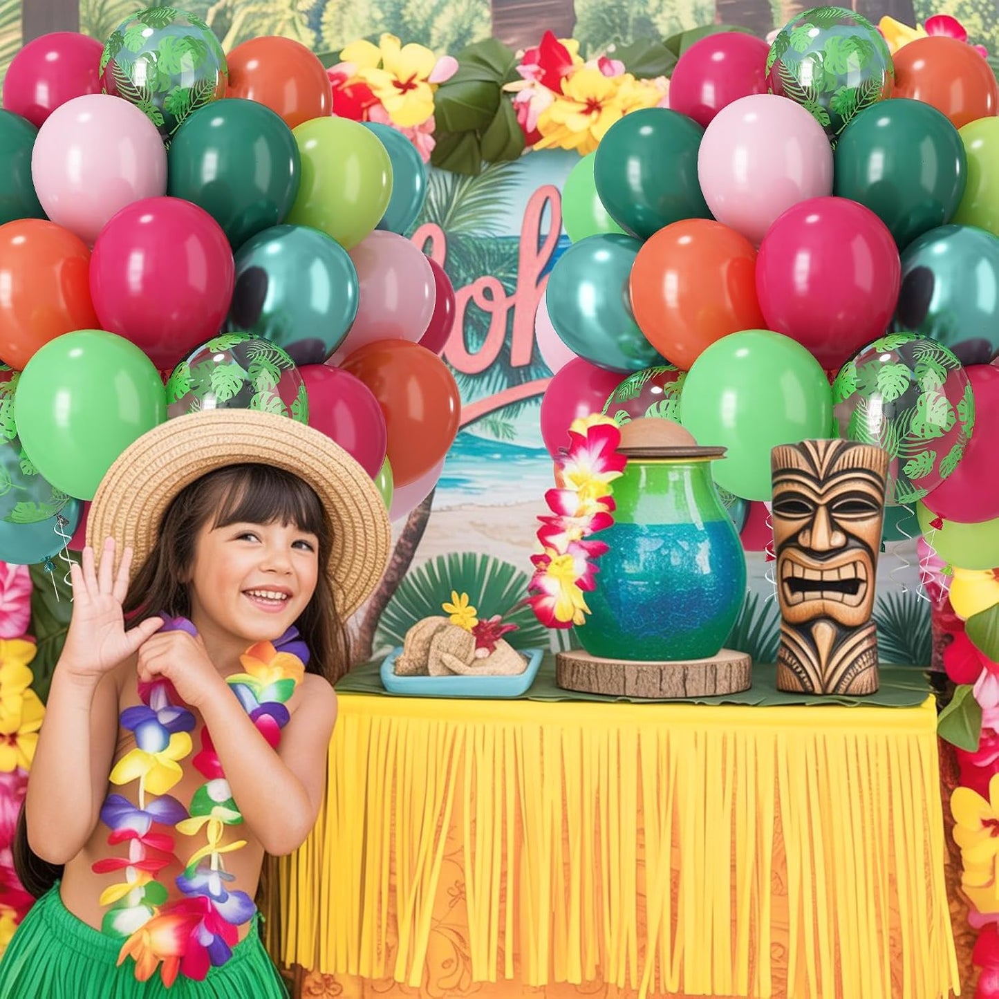 Tropical Balloons, 60 PCS Summer Hawaiian Balloons, Hot Pink Lime Green Orange Metallic Latex Balloon Palm Leaves Helium Party Balloon for Baby Shower Aloha Luau Beach Summer Party Decorations