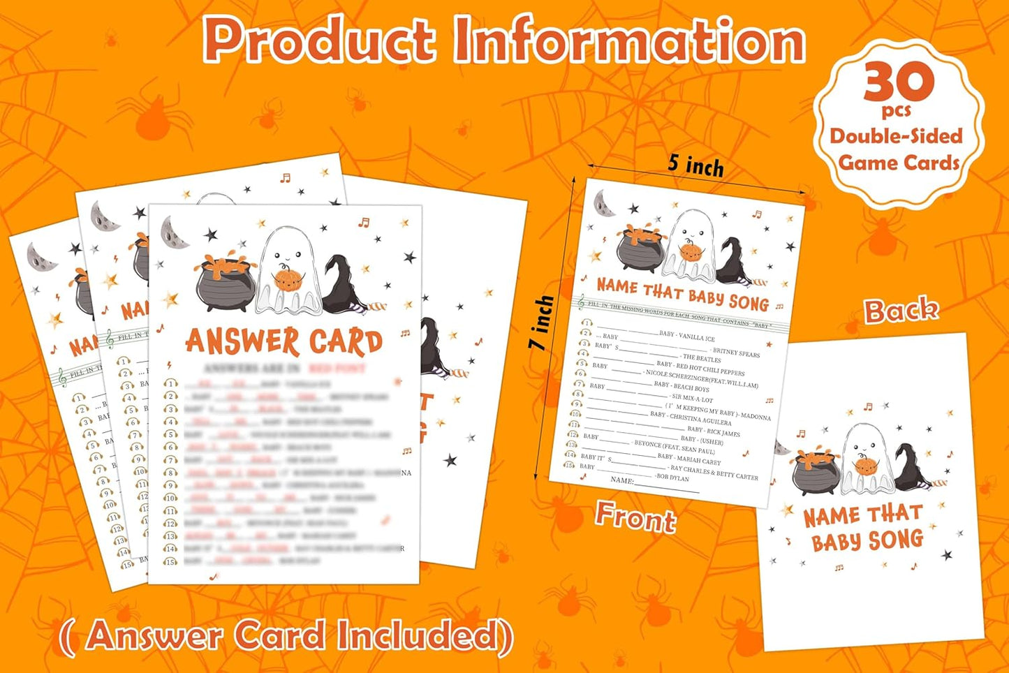 Name That Baby Song Halloween Baby Shower Game, 30 Halloween Gender Reveal Games for Guests (Included Answer Card) 5x7 inch, Perfect for Neutral Gender Reveal Decorations Party Favors Supplies