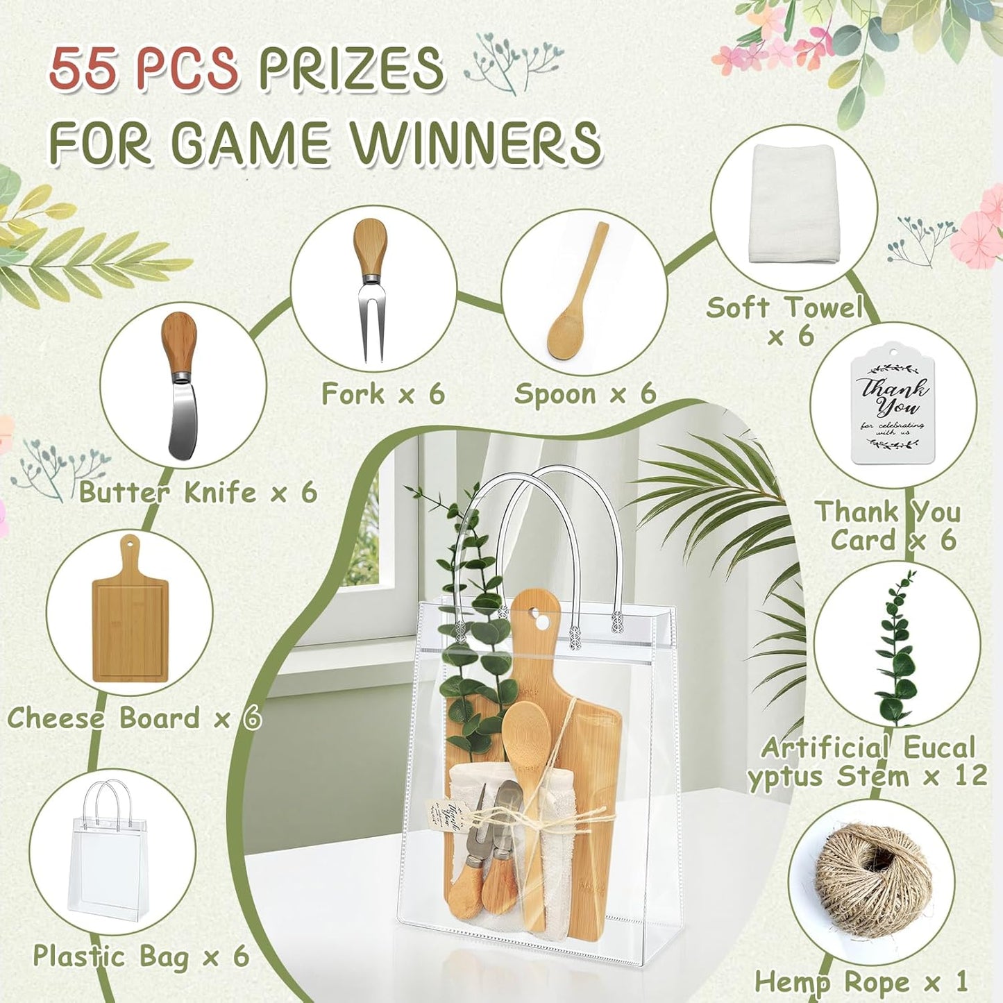 AZEAM 55Pcs Baby Shower Prizes for Game Winners, Bridal Shower Prizes with 6 Sets Square Cheese Board Spoon Fork Butter Knife Towel Card Plastic Bag Branch, Wedding Shower Favors for Guests