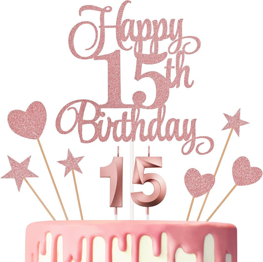 15th Birthday Cake Decorations, 15th Birthday Candles Cake Numeral Candles and Glitter Happy 15th Birthday Cake Toppers Set for Birthday Party Supplies (Rose Gold)