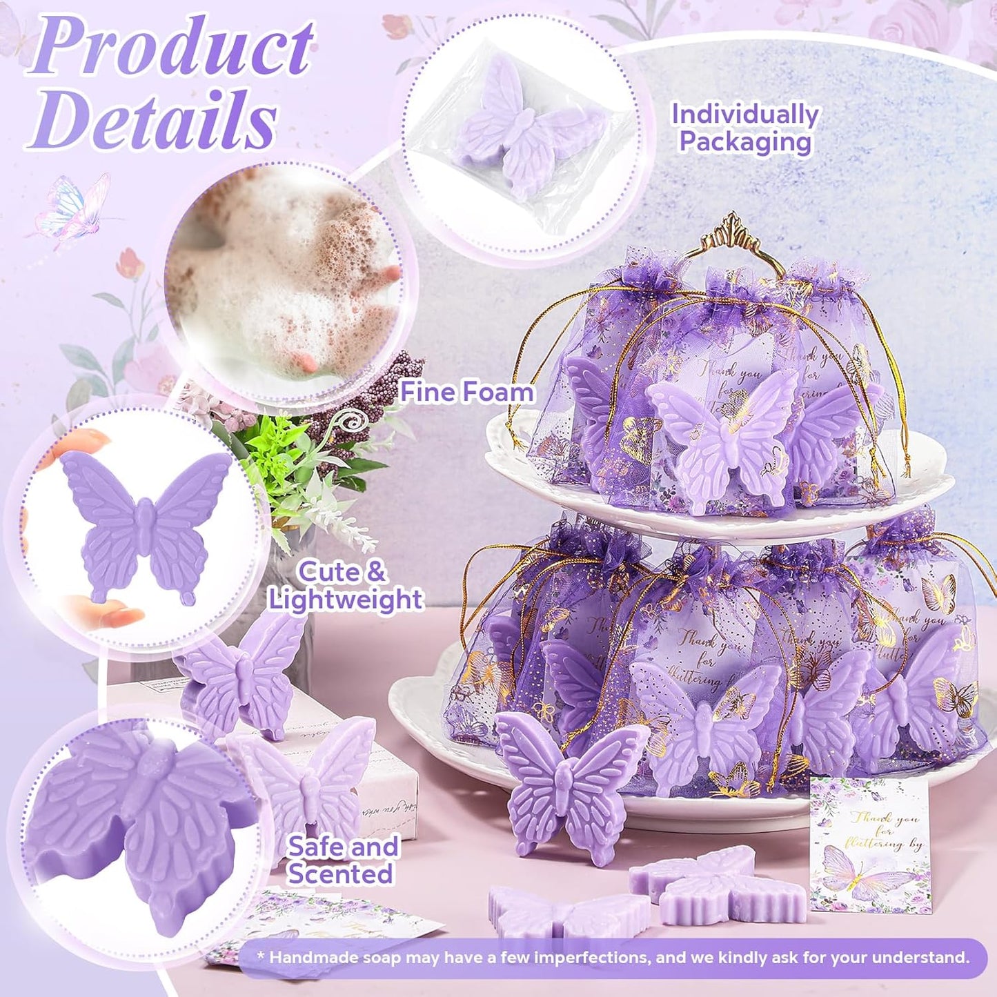 Dunzy 50 Set Butterfly Theme Baby Shower Favors for Guests Christmas Butterfly Soap Favors with Thanks You Cards Gender Reveal Baptism Party Decorations Wedding Bridal Souvenirs (Purple,Light Purple)