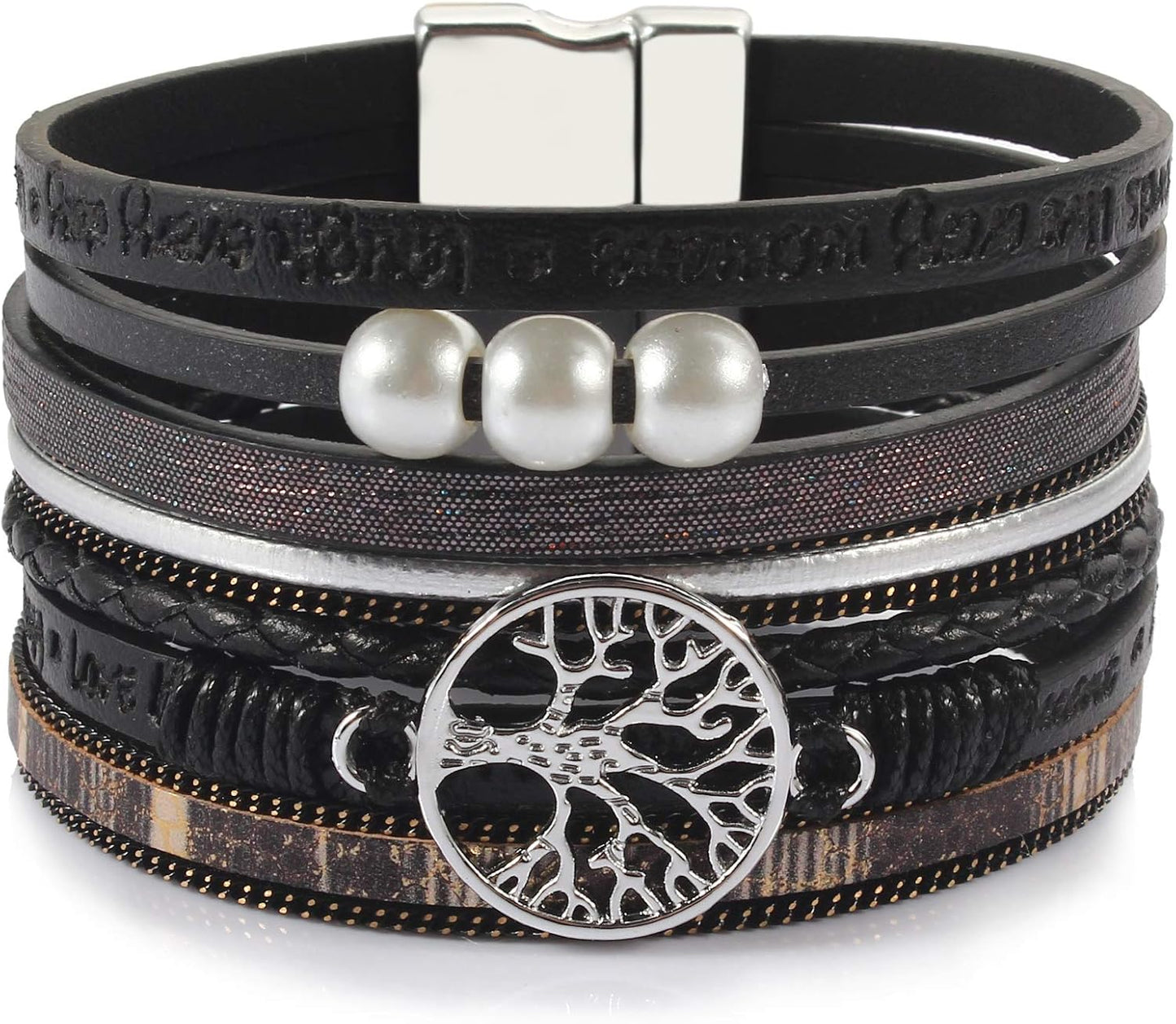 FANCY SHINY Tree of Life Leather Wrap Bracelet Inspirational Cuff Bangles Boho Pearl Bracelets with Magnetic Clasp Unique Jewelry Gifts for Women
