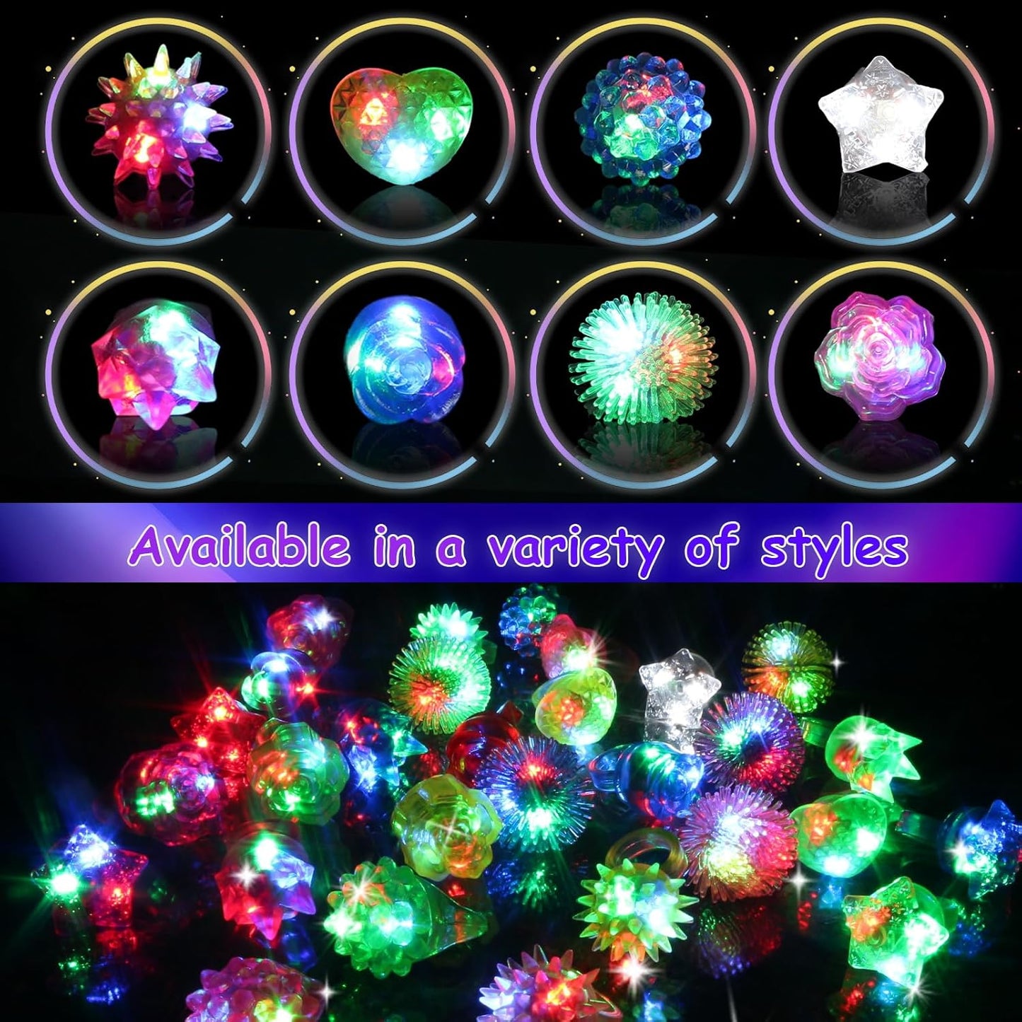 50 Pack Light Up Rings, Glow in The Dark Party Favors, 8 Style Flashing LED Jelly Finger Rings for Concert, Goodie Bag Fillers, Classroom Prizes,Raves, Halloween