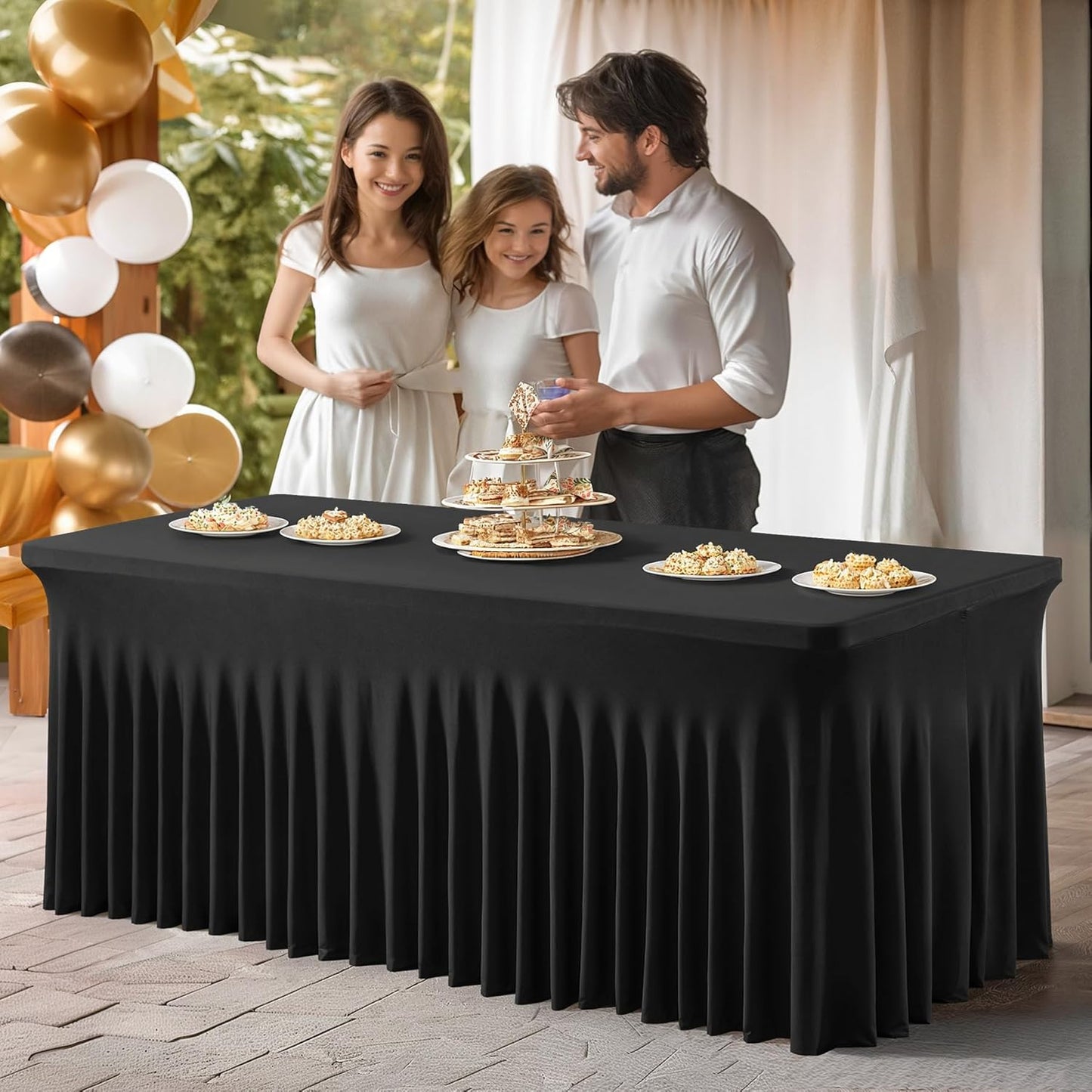 PARTISKY Black Spandex Tablecloth for 8ft Rectangle Tables, Stretchable Table Cover Skirt for Folding Tables Weddings Parties Banquets Events Trade Shows and Dessert Table