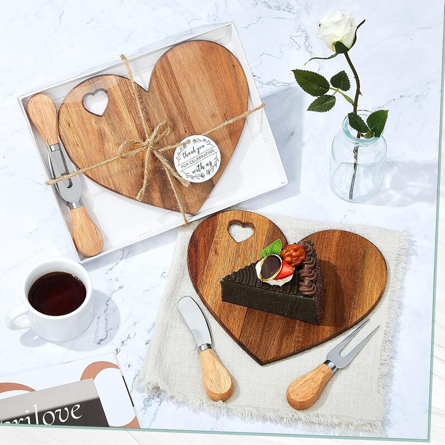 Patelai 24 Set Bridal Shower Favor Heart Cheese Board Cheese Knives Wood Mini Charcuterie Board Thank You Gift Box for Guest Bridal Baby Shower Prize Wedding Birthday Valentines (Acacia Color)