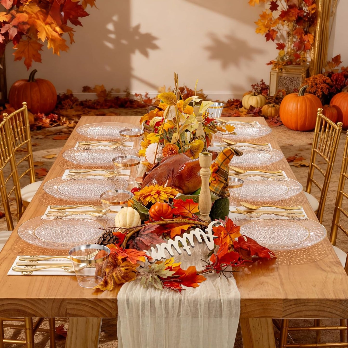 Rubtlamp 175 Pcs Plastic Dinnerware Set (25 Guests), Clear And Gold Plastic Plates, Hammered Party Plates Include Dinner Platos, Dessert Platos, Cups, Gold Cutlery Set And Napkins for Thanksgiving