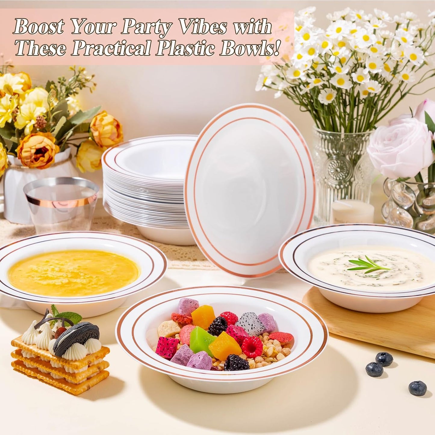 50 Pack Disposable Soup Bowls with Rose Gold Rim, 12oz Premium Heavy Duty Plastic Dinner Bowls for Party, Wedding and Holiday