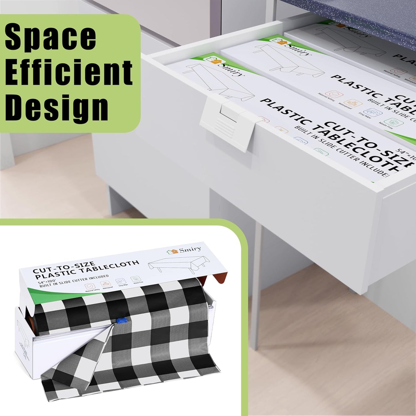 Smiry 54 Inch x 300 Feet Disposable Table Cover Roll, Black & White Plastic Table Cloth in Cut-to-Size Box with Slide Cutter, Waterproof Rectangle Tablecloths for Weddings, Banquets, Outdoor