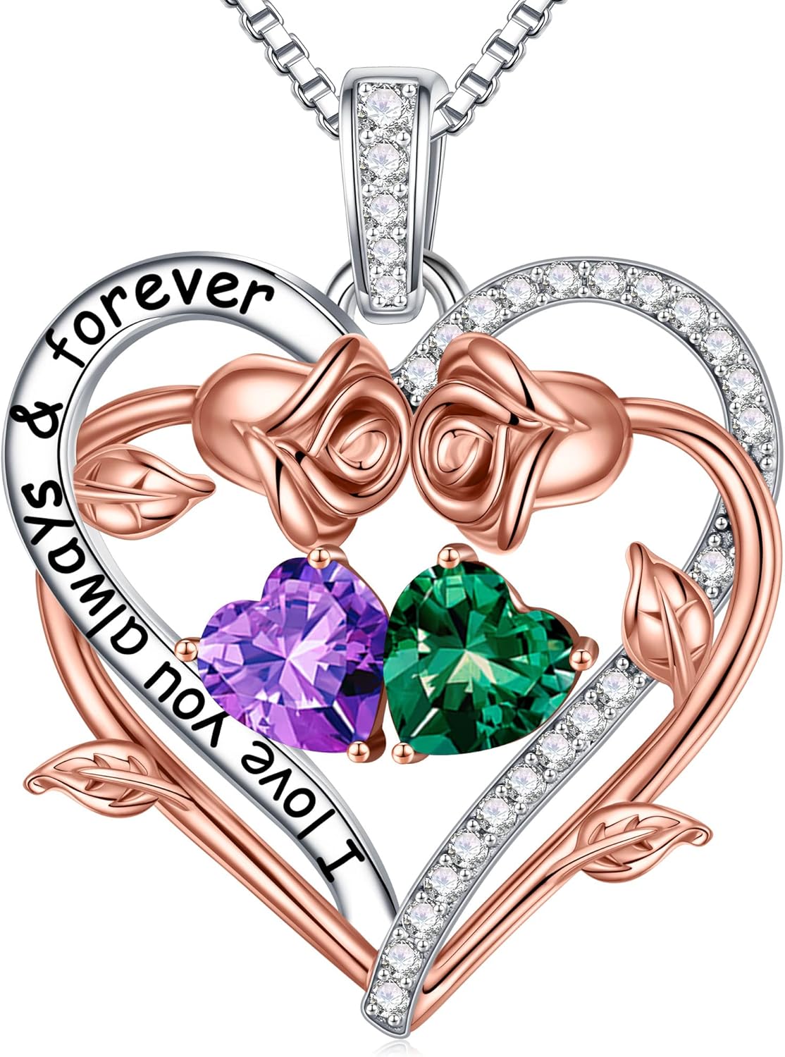 Iefil Rose Heart Double Birthstone Necklace Gifts for Wife Her Mom Women, Birthstone Jewelry Gemstone Birthday Gifts for Girlfriend Grandma Her Wife Women