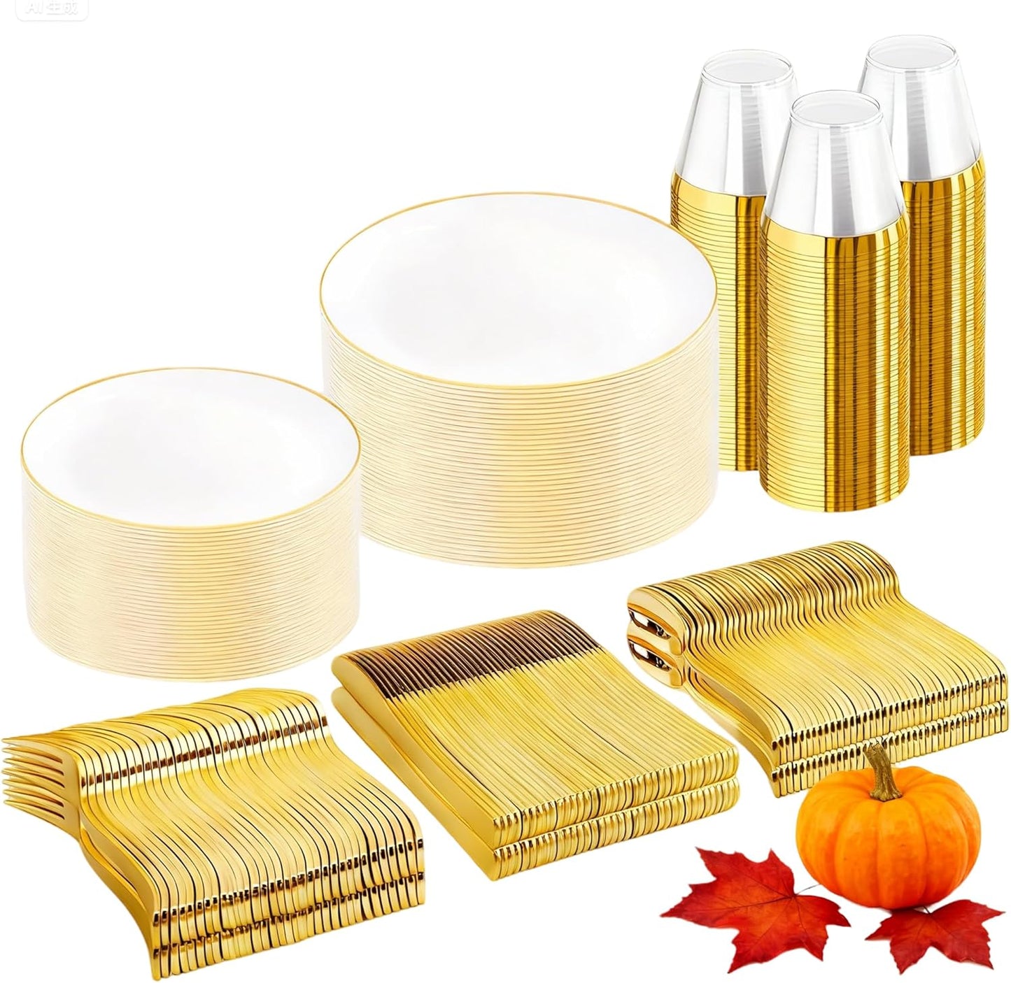 WDF 300PCS White and Gold Plates - Wedding Plastic Dinnerware Set for 50 Guests Include 50 Dinner & 50 Cake Plates, 50 Cutlery, 50 Cups for Wedding, Birthday, Thanksgiving Party