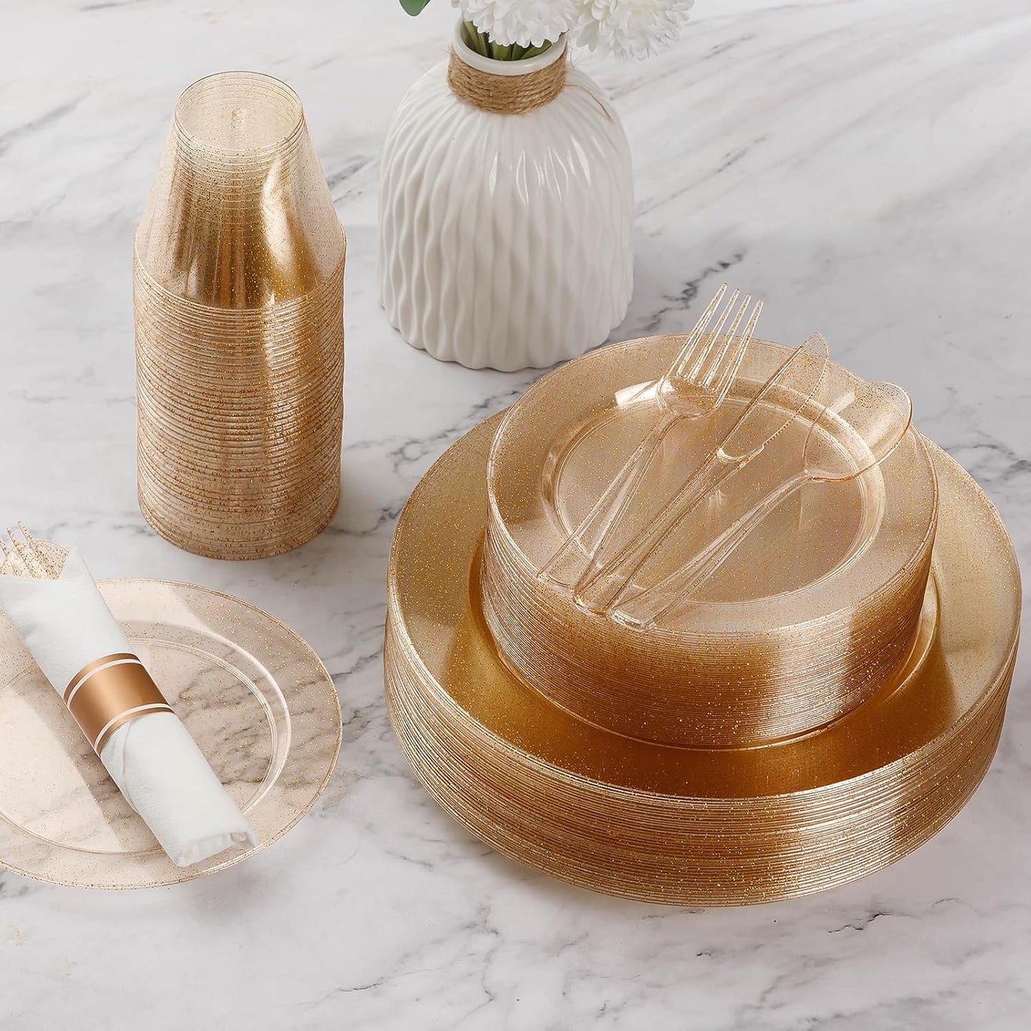 Goodluck 700 Piece Gold Glitter Plastic Dinnerware Set for 100 Guests, Disposable Plates for Party, Include: 100 Dinner Plates, 100 Dessert Plates, 100 Pre Rolled Napkins with Silverware, 100 Cups