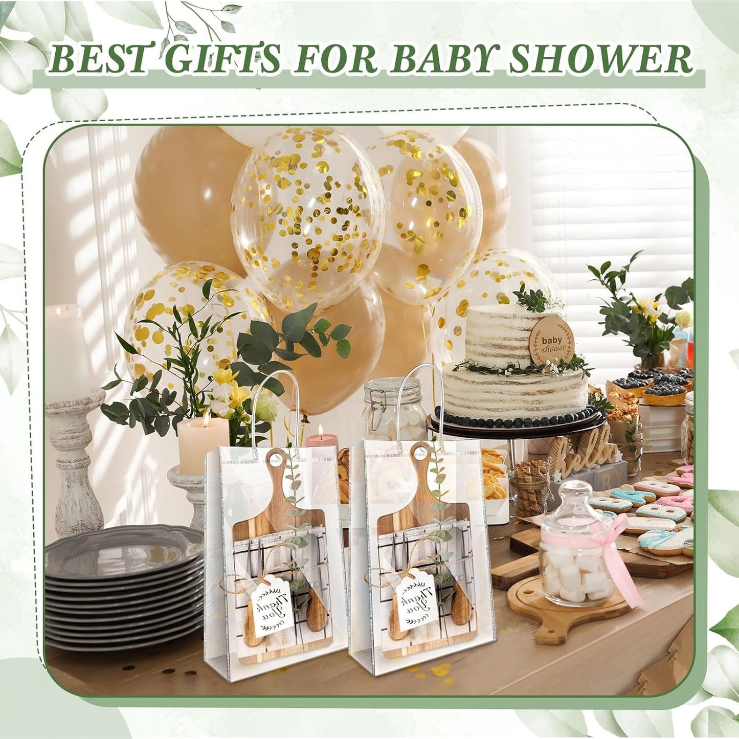 29 Pcs Baby Shower Prizes for Game Player 4 Sets Baby Shower Game Prizes Wedding Bridal Favors for Winners with Acacia Cheese Board Oak Knife and Fork Placements Artificial Eucalyptus Stems Tags Bags