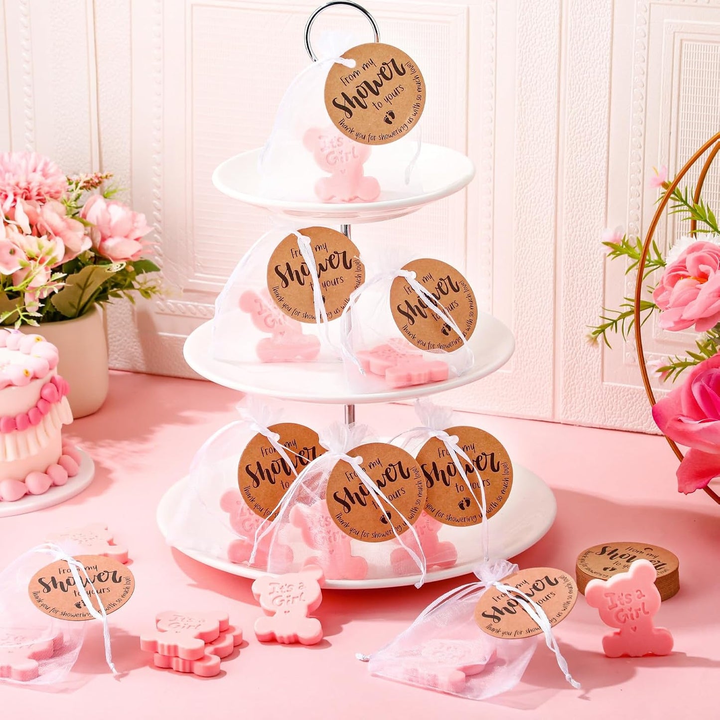 25 Sets Baby Shower Soap Favors for Guests Girl Boy Mini Footprint Handmade Scented Soaps with Thank You Tags and Organza Bags for Shower Gender Reveal Party Favors (Pink,Bear)