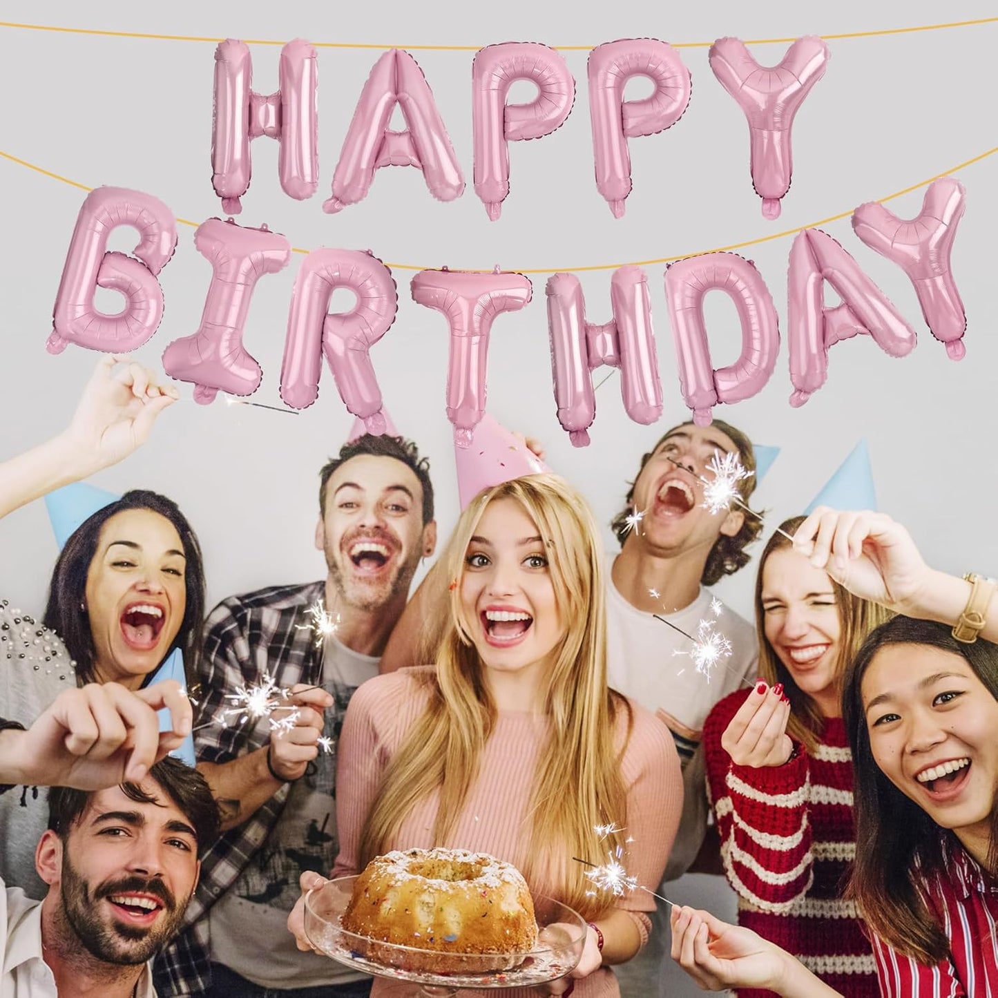 LIOZEOKUN Happy Birthday Balloon Letters 16 inch Mylar Foil Birthday Balloons Banner Sign for Birthday Party Decorations Supplies (Light pink)