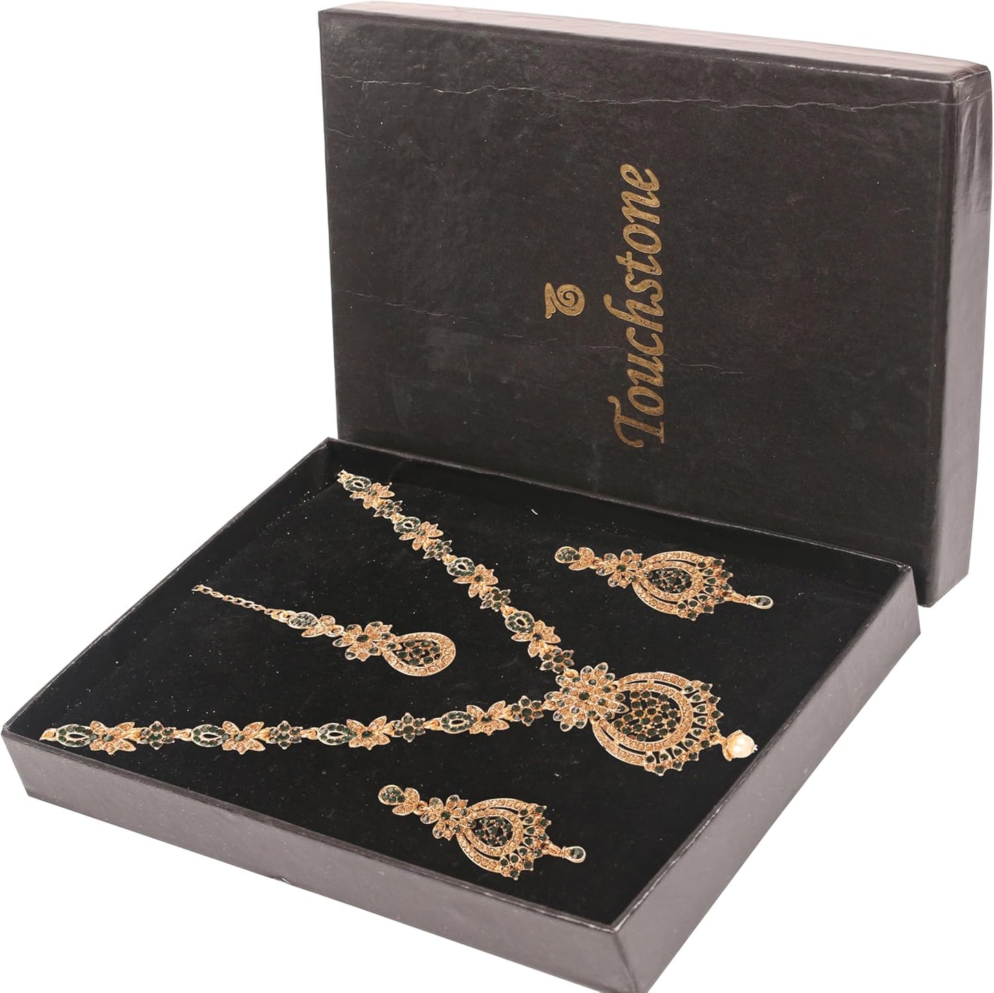 Touchstone Indian jewelry sets for women maang tikka wedding guest gold necklace bollywood jewellery set pageant elegant prom bride accessories western crystal chunky rhinestone necklaces