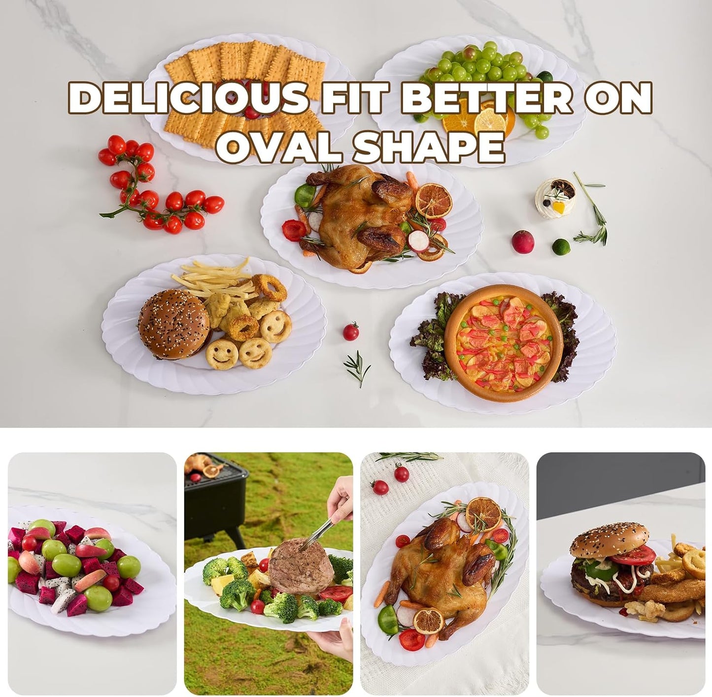 U-QE 25 Count Oval White Plastic Plates - 13.4 inch Large Disposable Plates Heavy Duty, Ideal for Party, BBQ, Picnic and Weddings