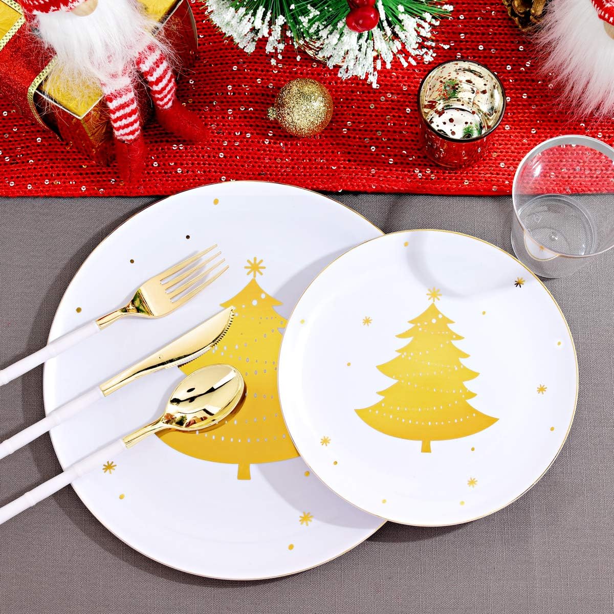 WDF 50Pieces Gold Plastic Plates-Christmas Tree Plastic Plates-Heavyweight White and Gold Disposable Plates for Christmas