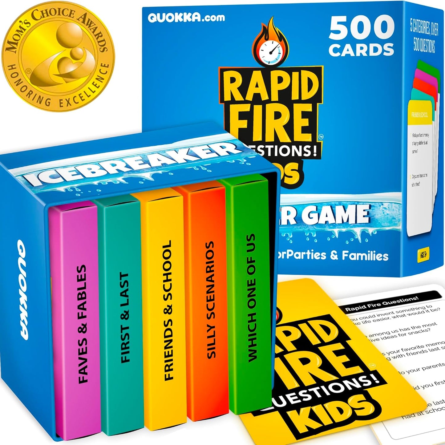 QUOKKA Kids Premium Rapid Fire Questions - Break The Ice Game for Kids & Families - Icebreaker Cards with 500+ Questions - Family Game Night - Ages 6+