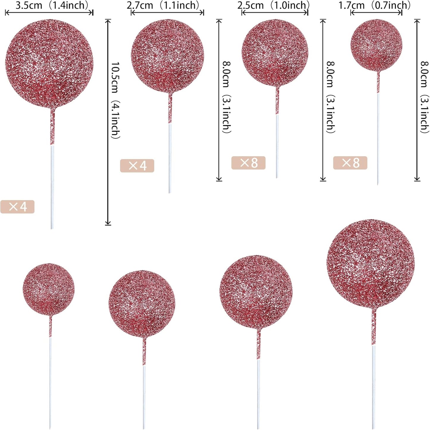 24 PCS Glitter Balls Cupcake Toppers Foam Ball Cake Picks Mini Balloon DIY Cake Insert Topper Decoration for Baby Shower Wedding Anniversary Kids Birthday Party Decorations Rose Gold