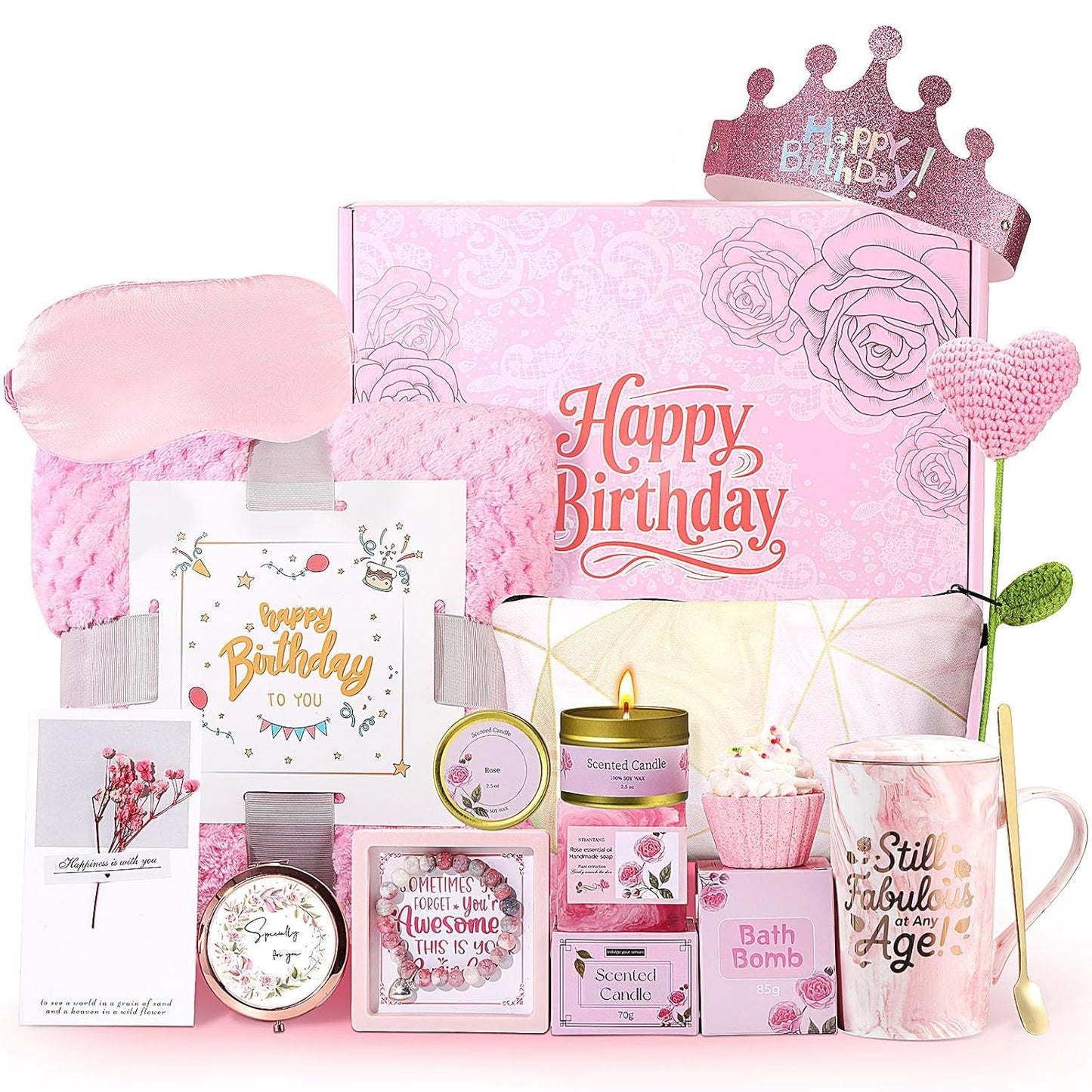Happy Birthday Gifts for Women - Pink Birthday Gift Box for Women Self Care Mom Sister Wife Girlfriend Daughter Best Friend, Women's Birthday Gifts Spa Gifts Basket Gift Sets w/ Blanket Coffee Mug