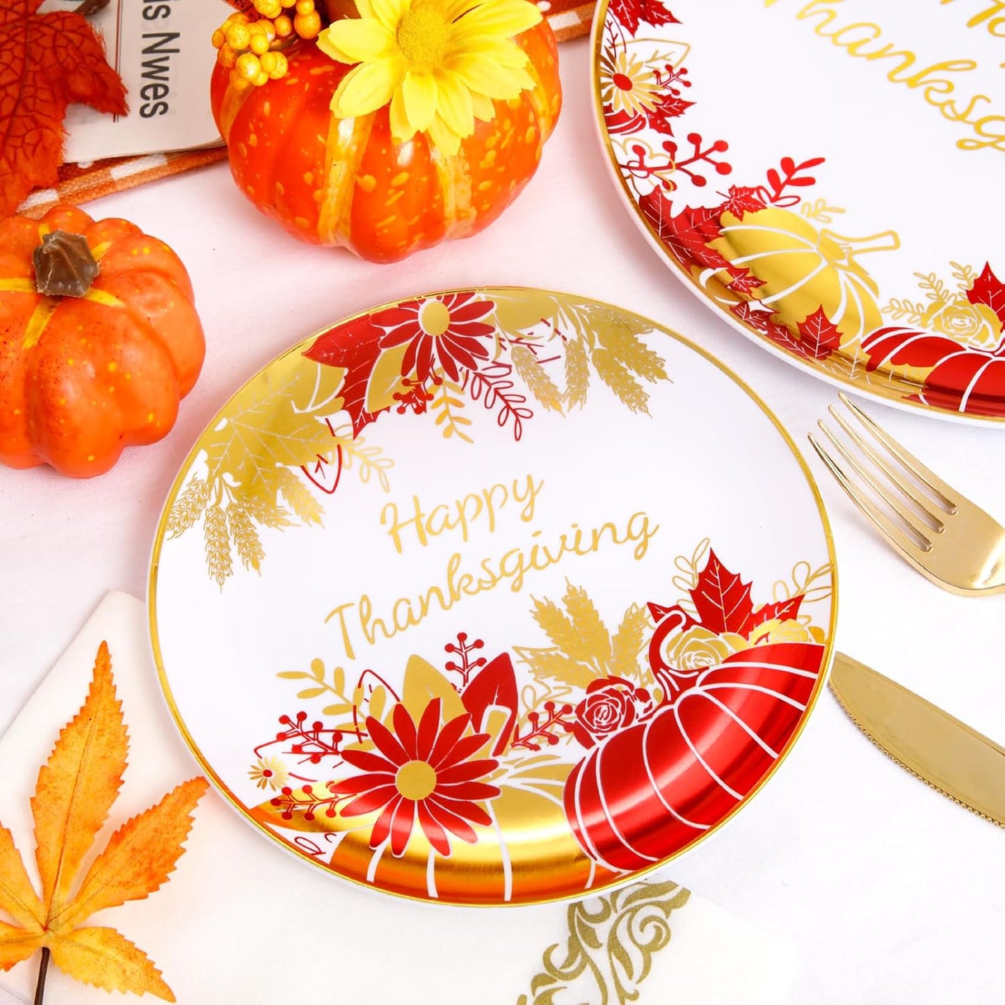 I00000 210Pcs Thanksgiving Plates Red and Gold Plastic Plate Dinnerware Set for 30 Guests Include 10.25" Dinner & 7.5" Dessert Plates, Pre Rolled Silverware Set, Cups for Party & Thanksgiving