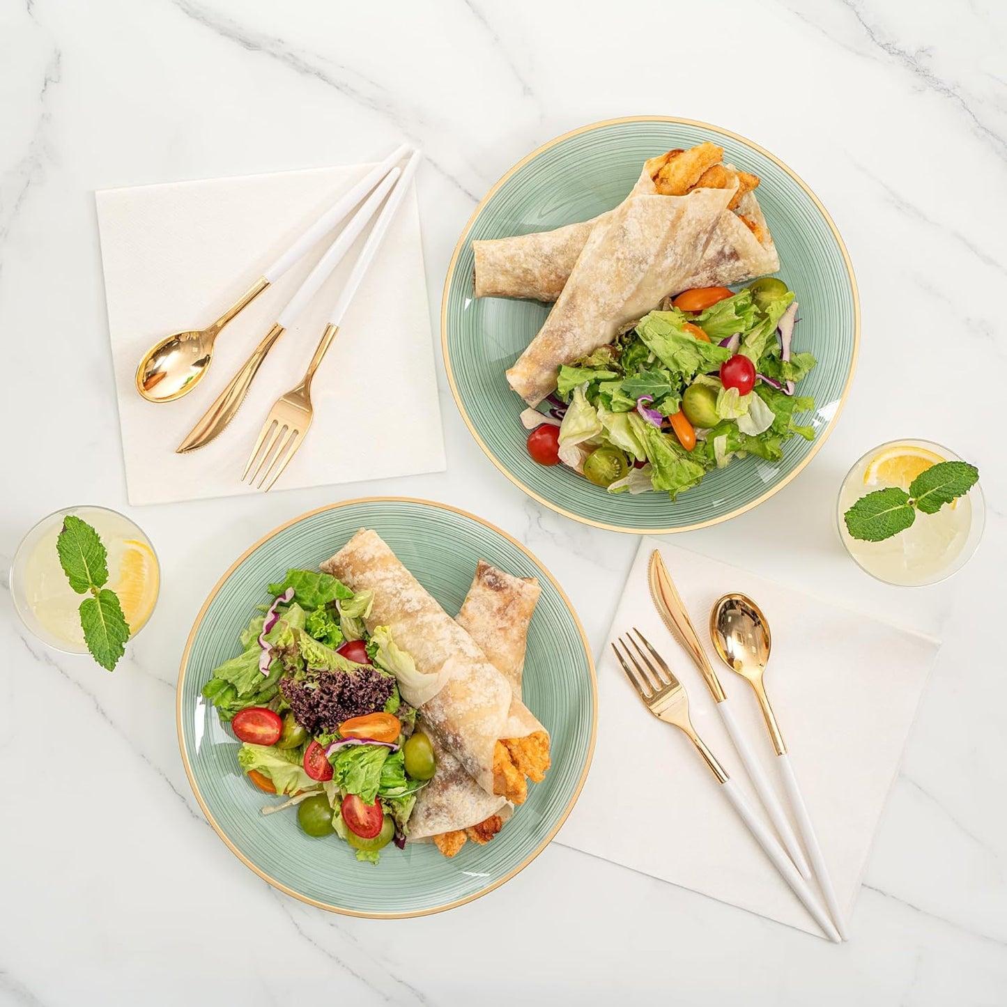 Restaurantware Plastic Plates 20 Pcs 10" Gold Rimmed Disposable Plates Heavy-Duty Green Translucent Rippled Plastic Dinner Servers for Party, Weddings, Salads, Desserts, and Appetizers